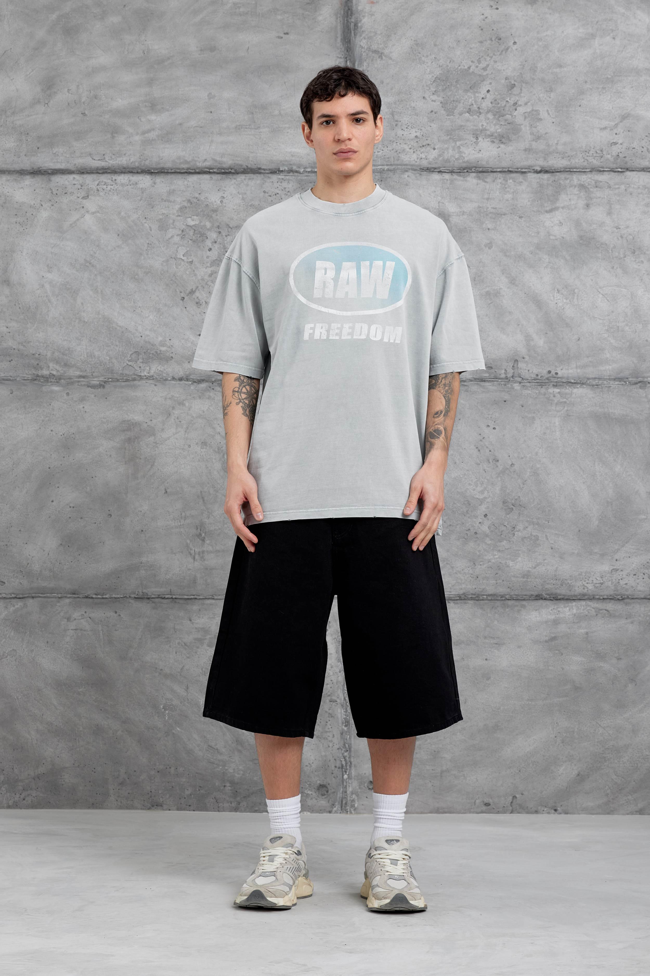 Gri Raw Yazılı Yıkamalı Oversize Tshirt