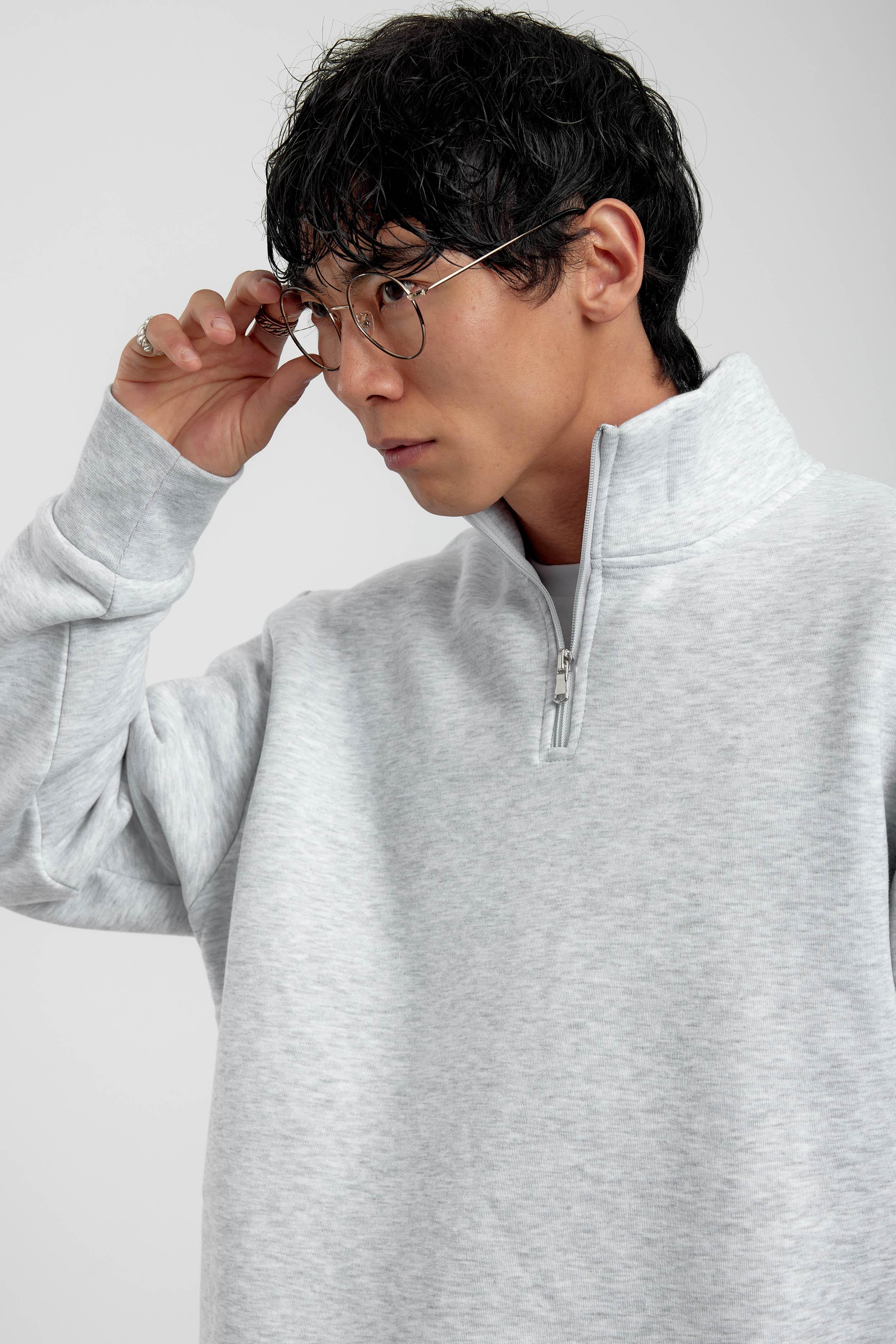 Gri Yakası Fermuarlı Basic Şardonlu Sweatshirt · 2