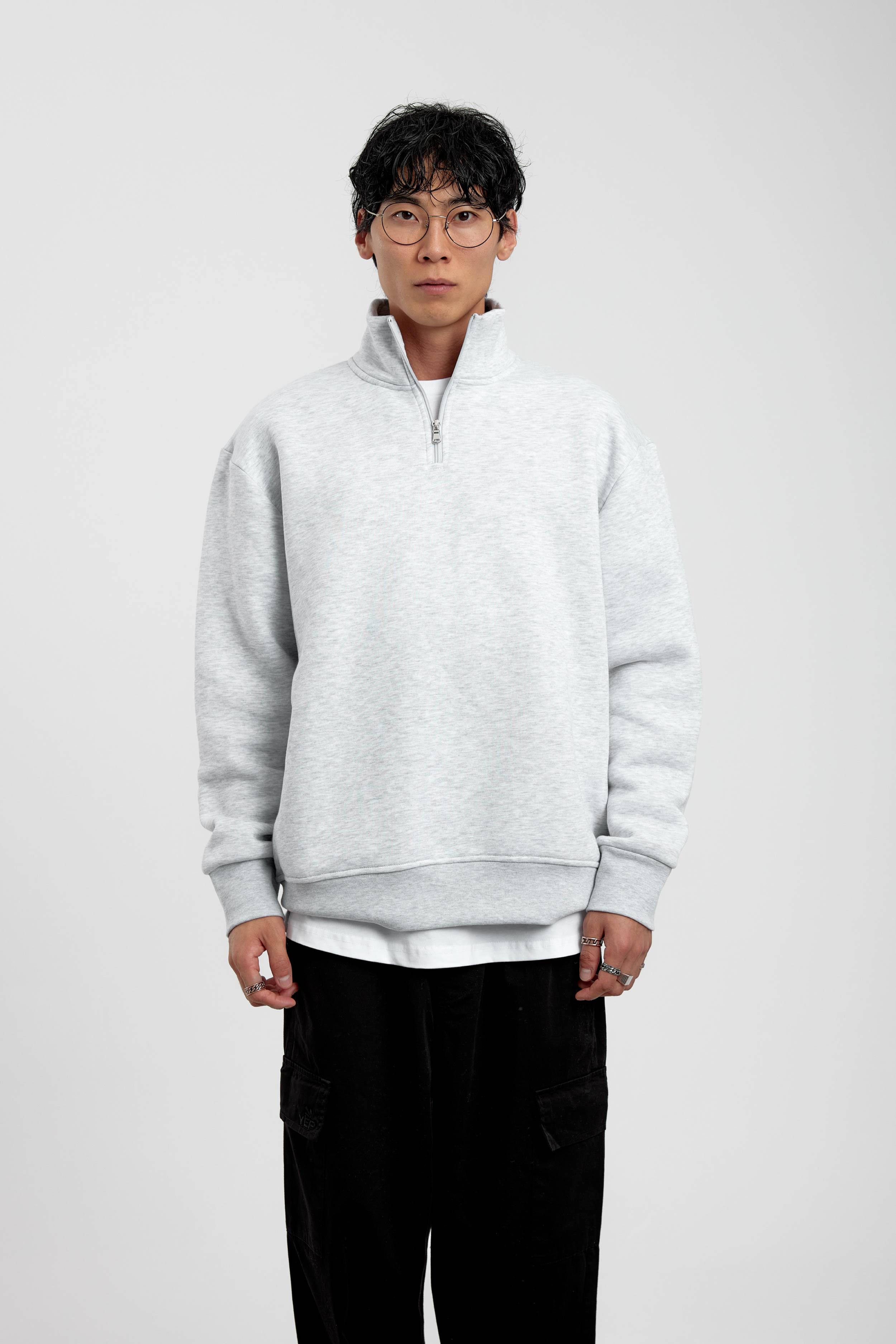 Gri Yakası Fermuarlı Basic Şardonlu Sweatshirt · 3