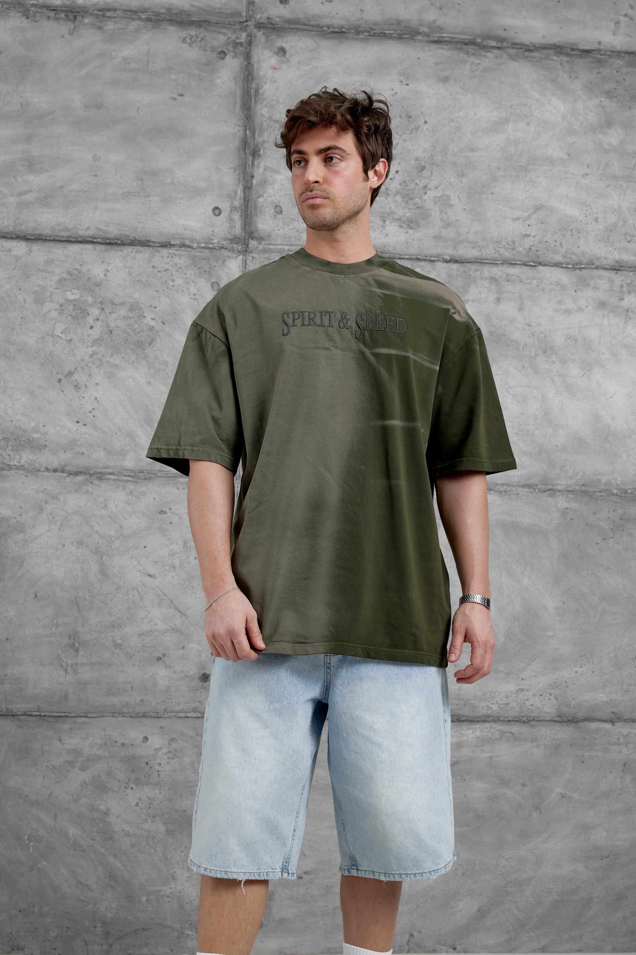 Haki Spirit&Speed Yazılı Yıkamalı Oversize Tshirt