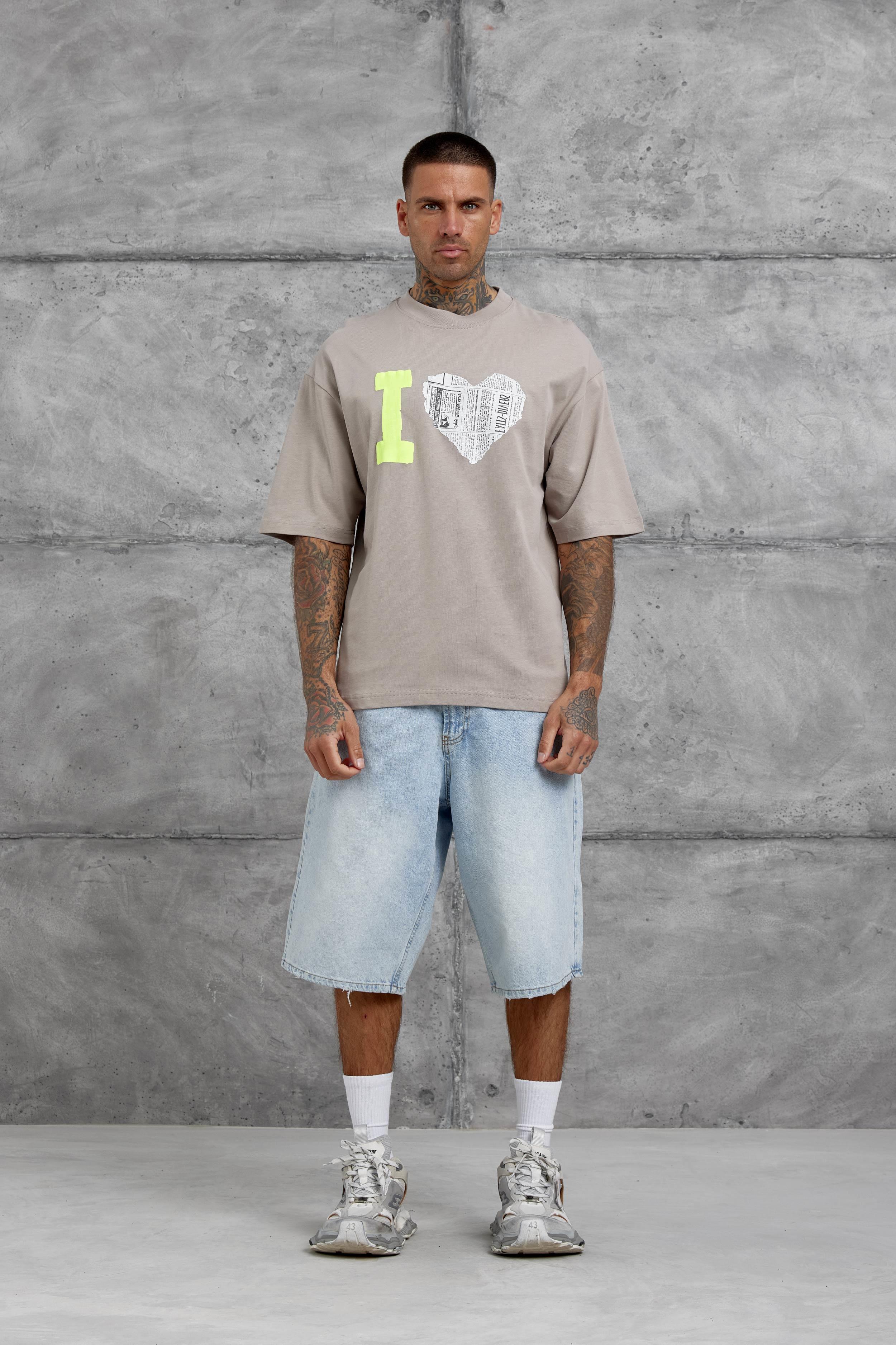 Kahverengi Kalp Küpür Baskılı Oversize Tshirt