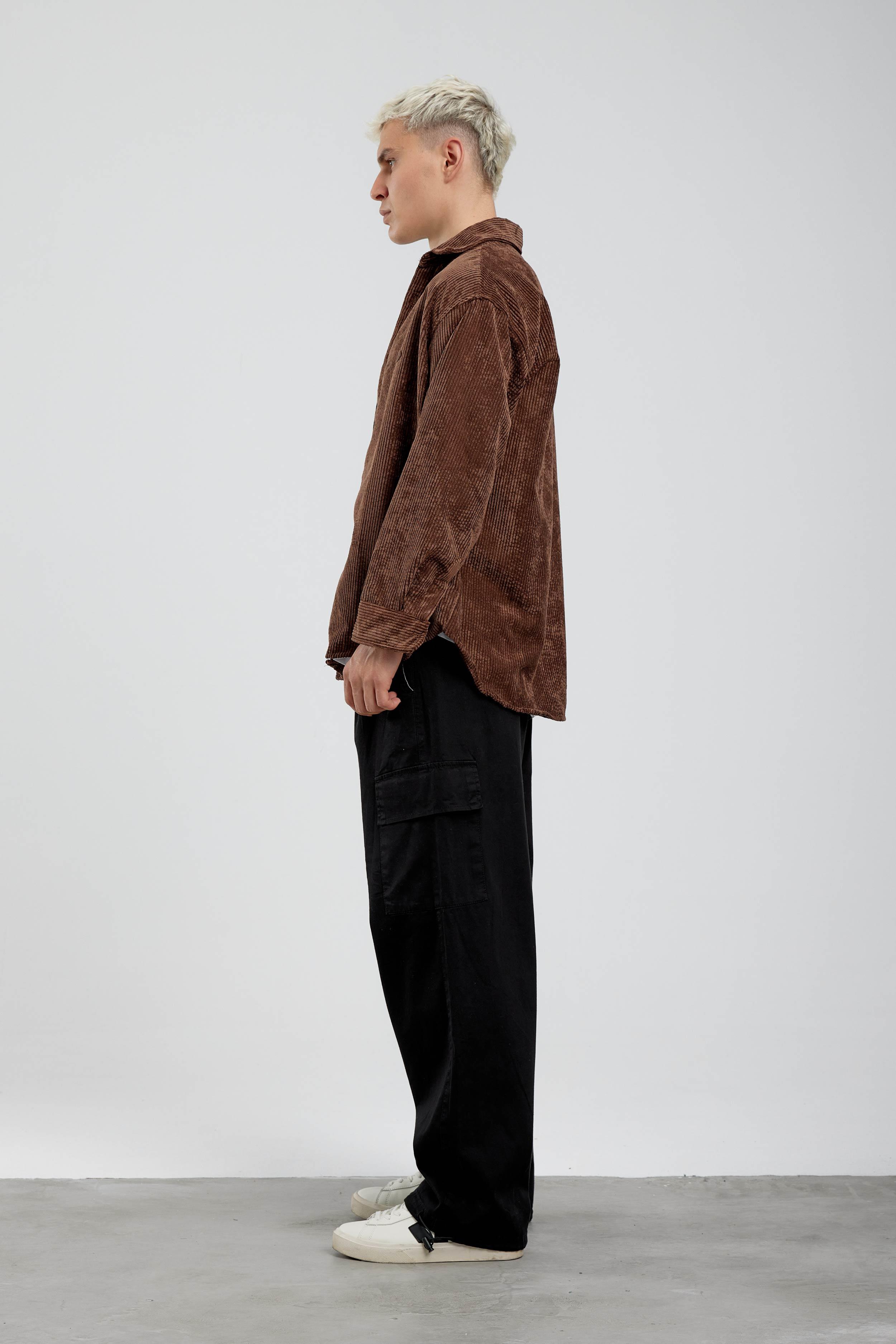 Kahverengi Oversize Fitilli Kadife Gömlek · 5