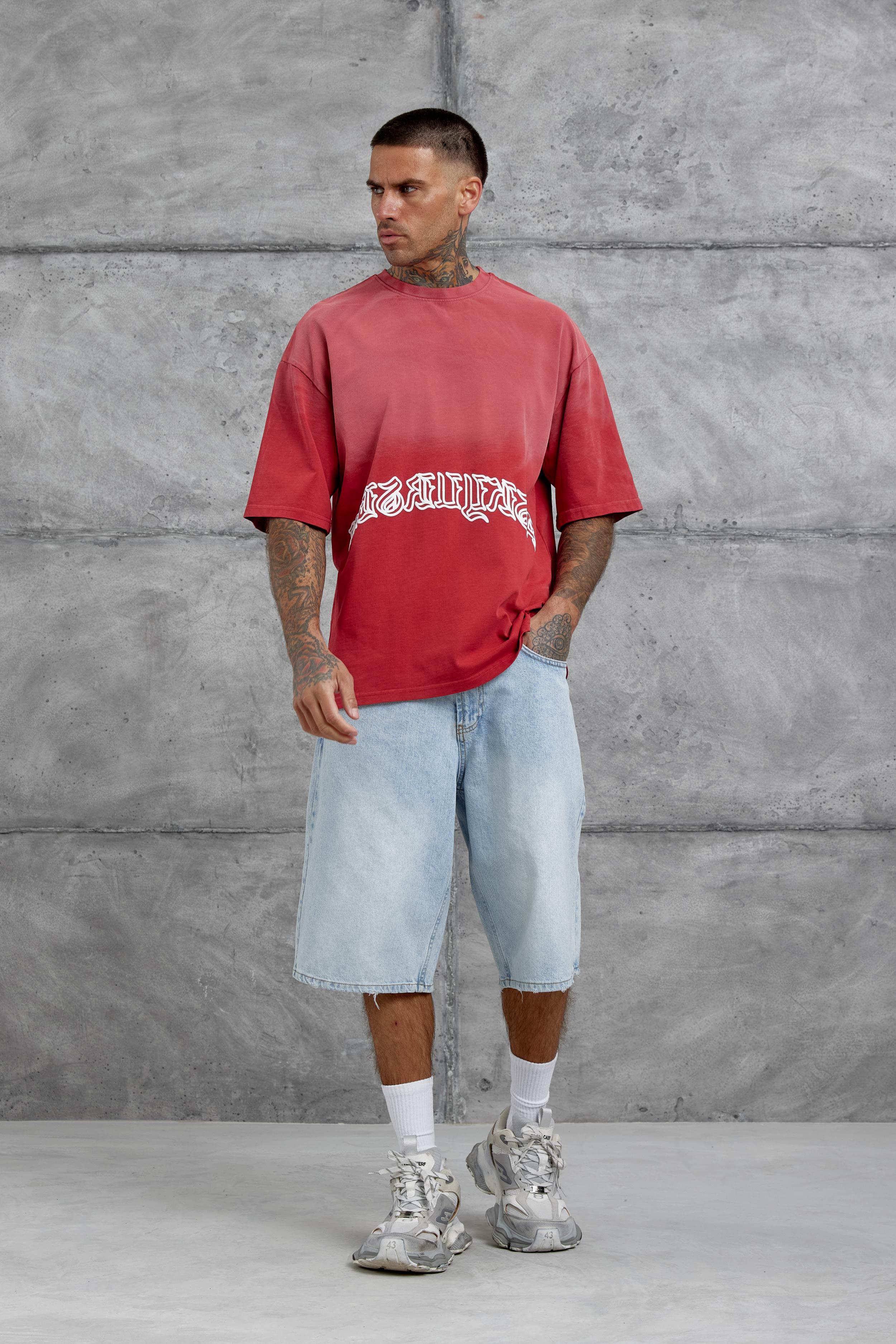 Kırmızı İşaretli Yazı Baskılı Yıkamalı Oversize Tshirt · 3