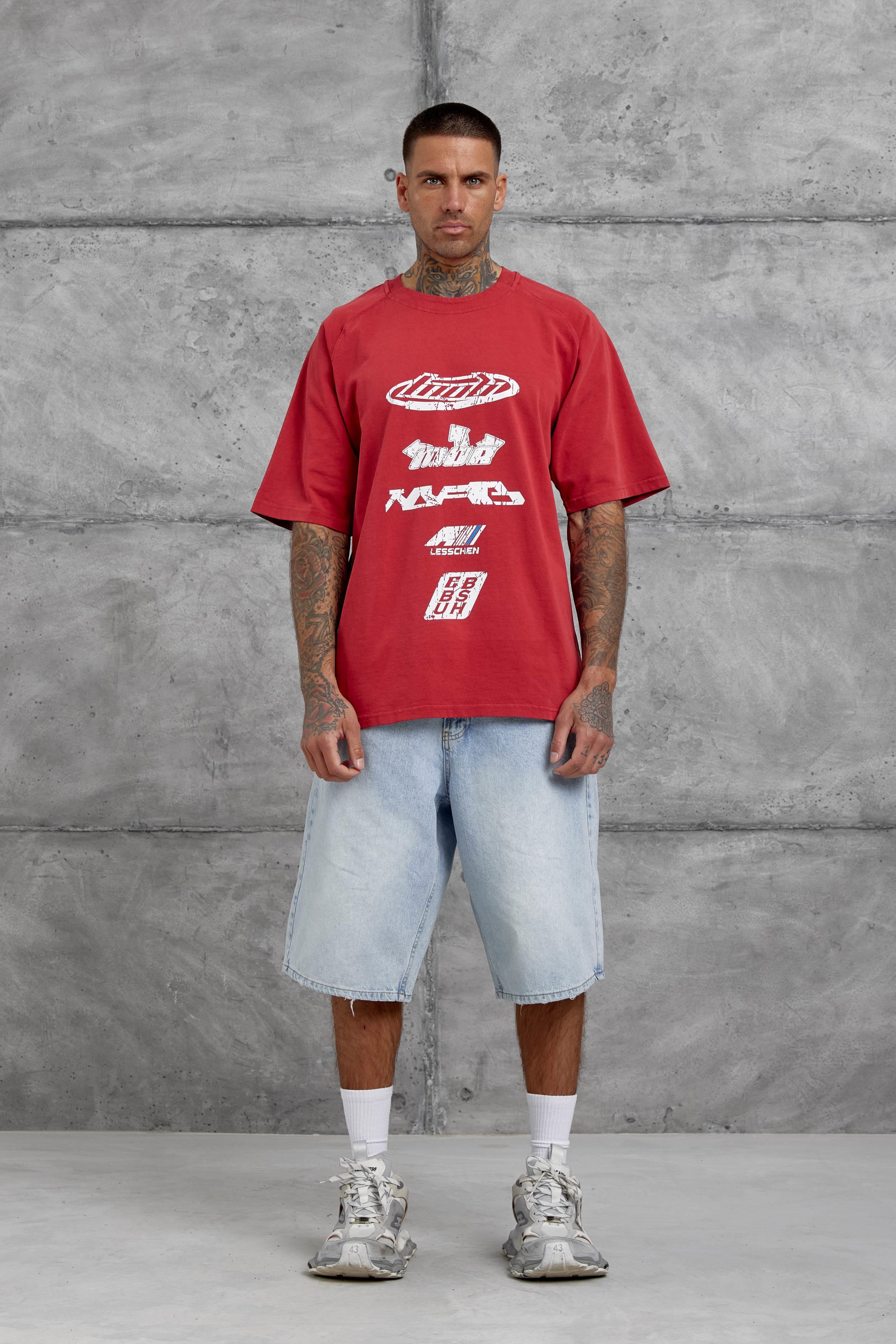 Kırmızı Lesschen Baskılı Yıkamalı Oversize Tshirt