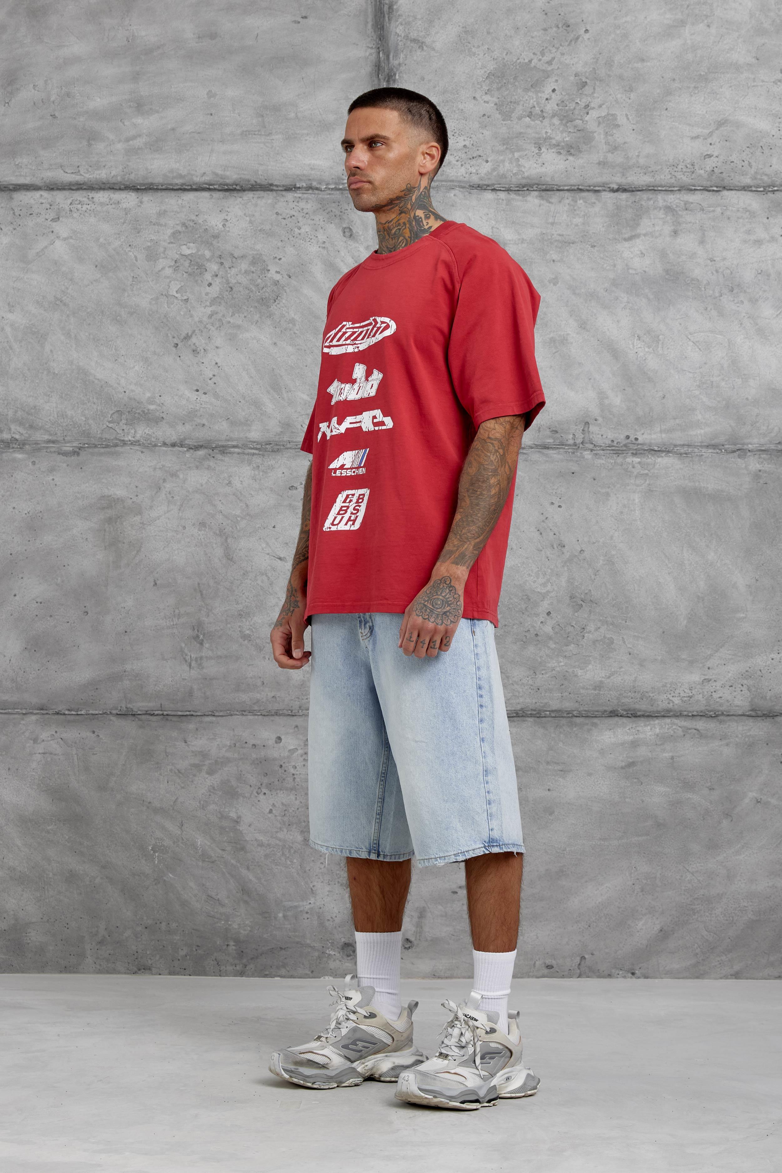 Kırmızı Lesschen Baskılı Yıkamalı Oversize Tshirt · 5