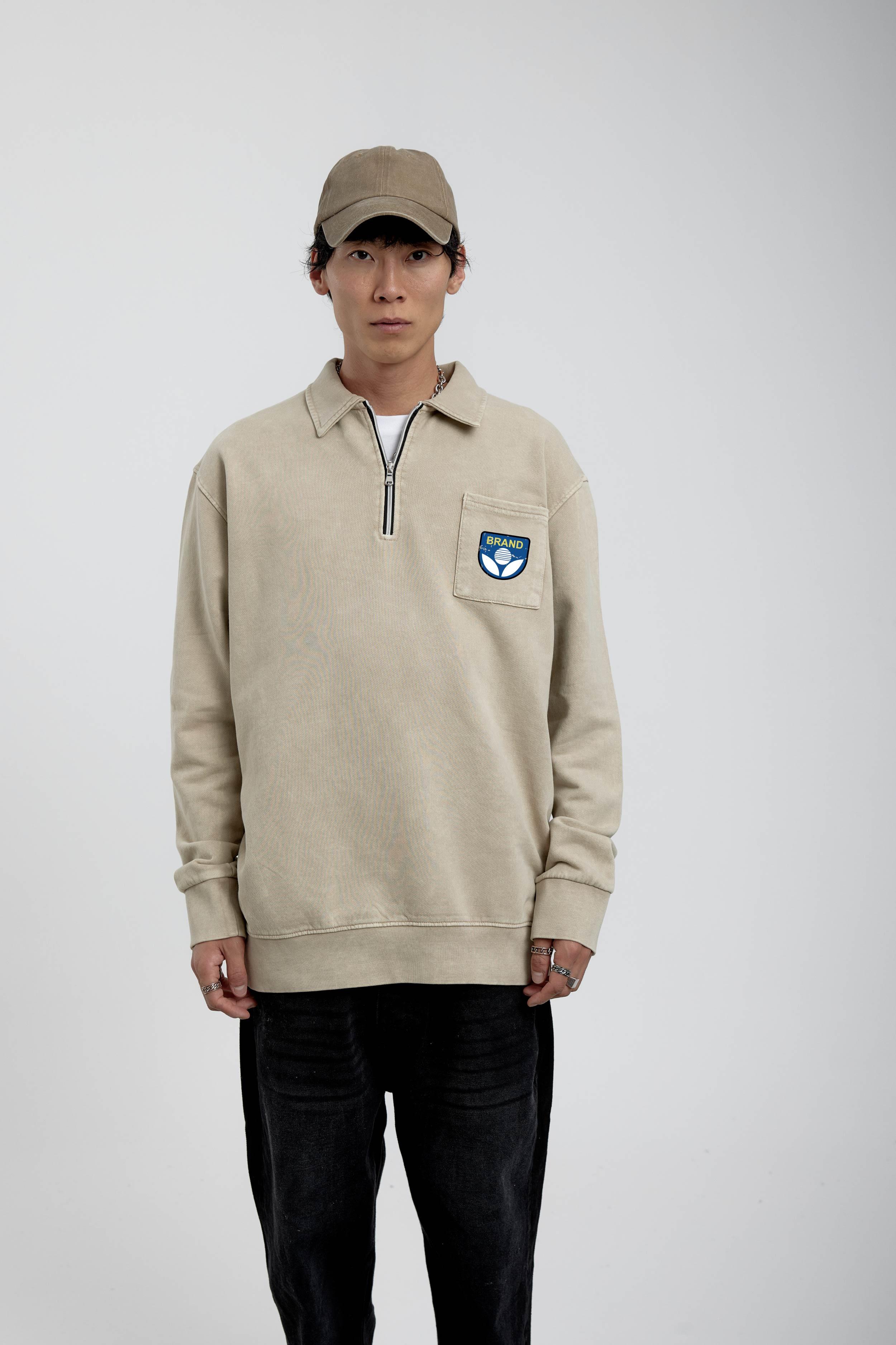 Krem Brand Yazılı Yakası Fermuarlı Sweatshirt