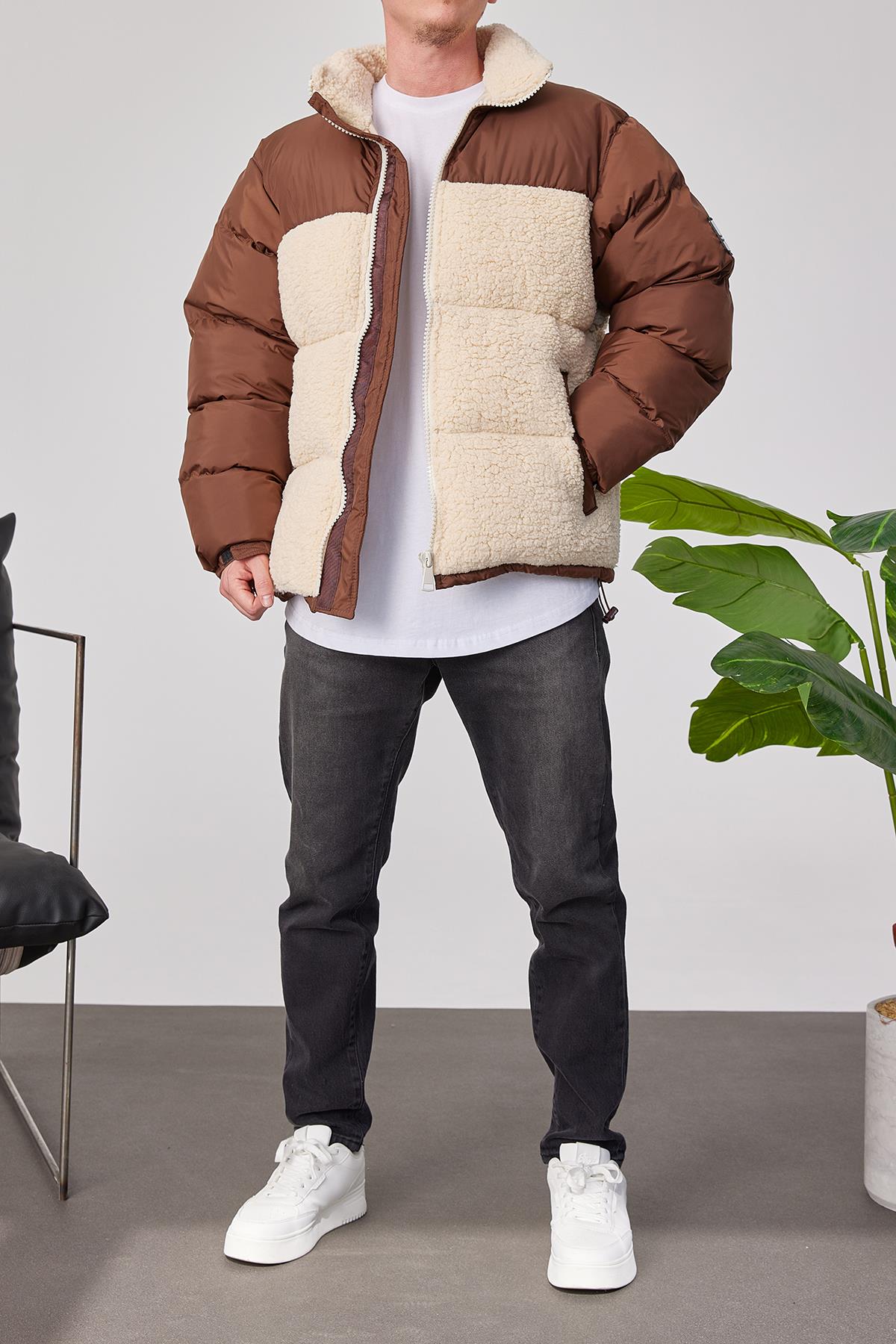 Krem Peluş Detaylı Kahverengi Mont