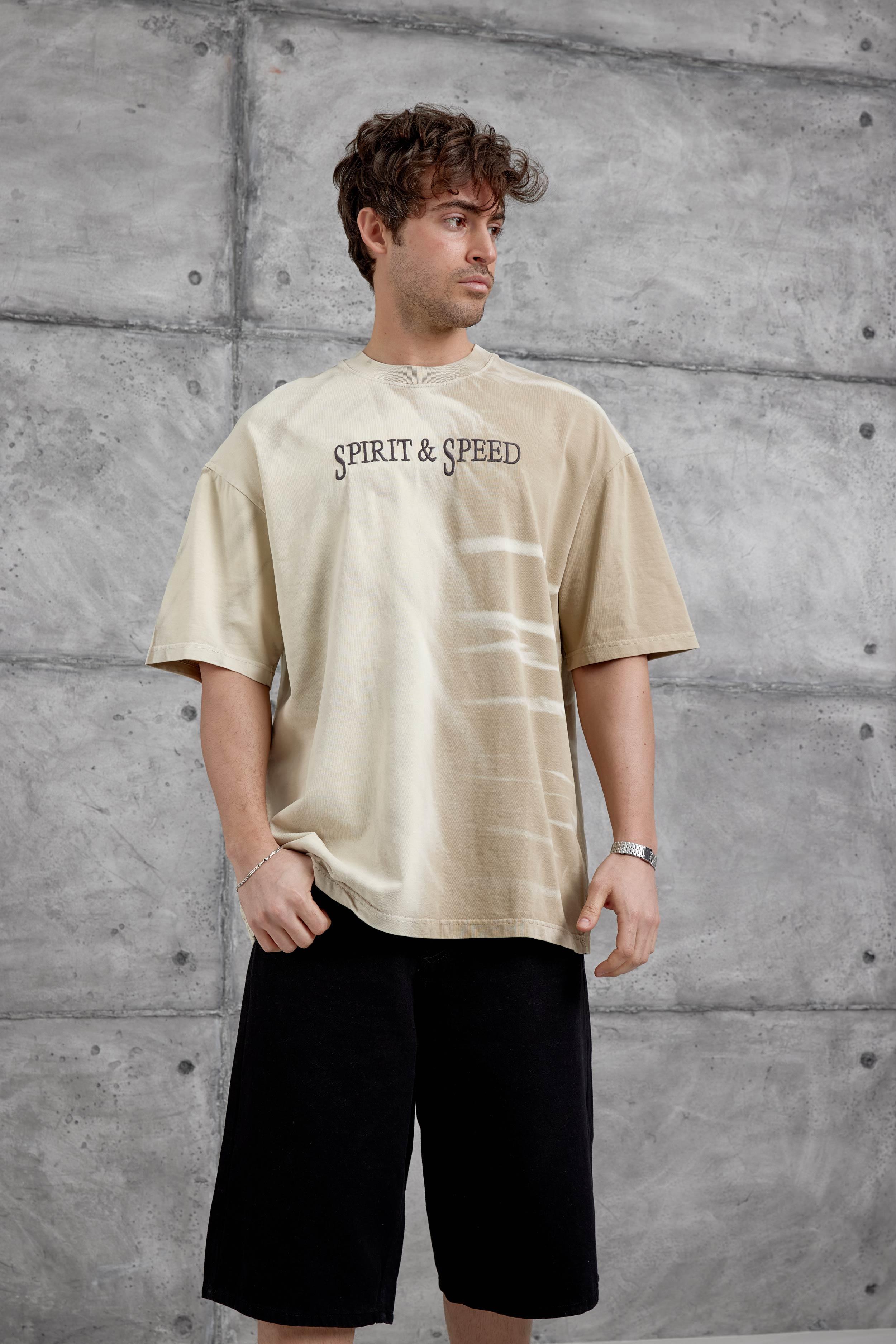 Krem Spirit&Speed Yazılı Yıkamalı Oversize Tshirt · 5