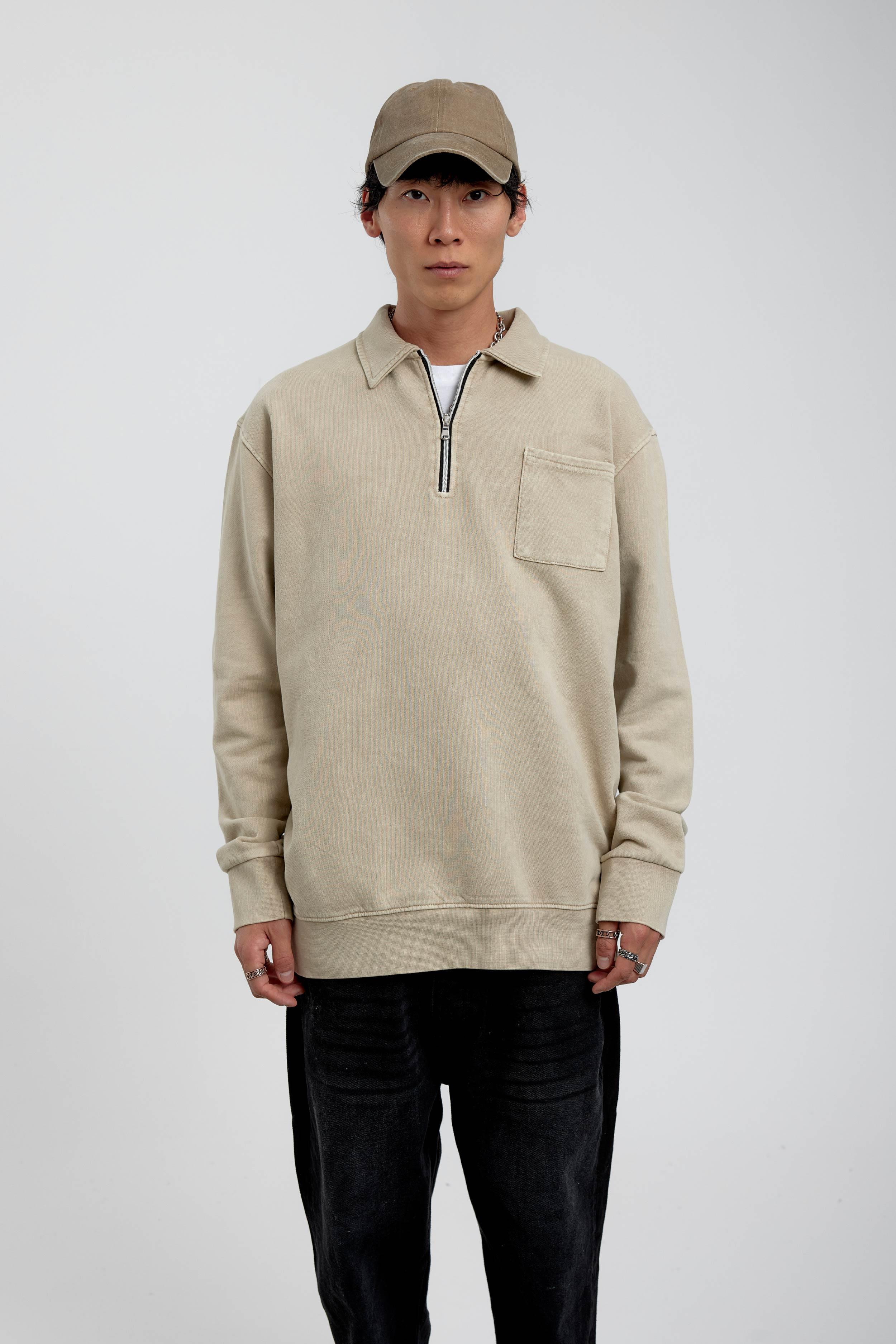 Krem Tek Cepli Yarım Fermuarlı Yıkamalı Sweatshirt