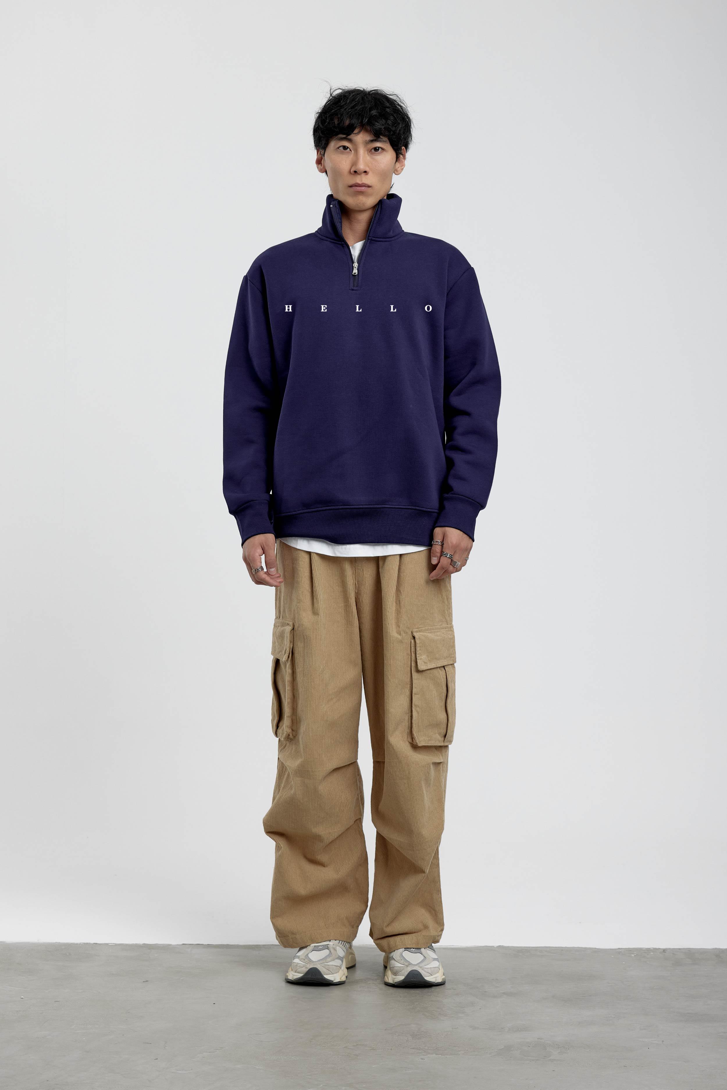 Lacivert Hello Yazılı Yarım Fermuarlı Sweatshirt · 2