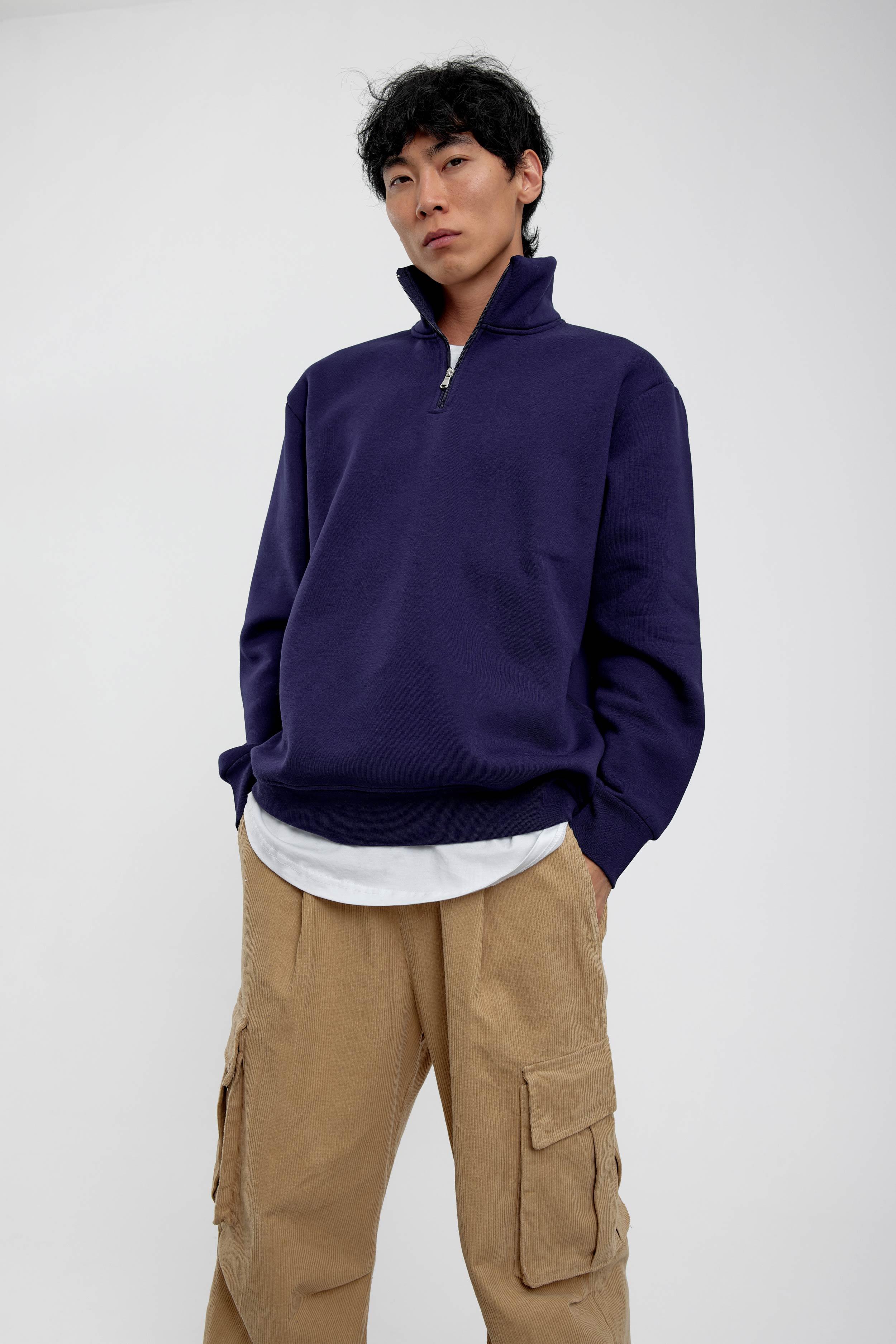 Lacivert Yakası Fermuarlı Basic Şardonlu Sweatshirt · 2