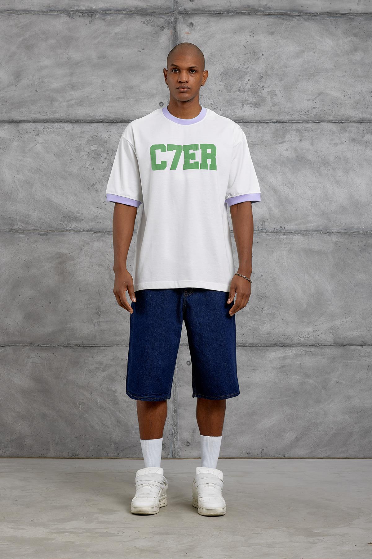 Lila YAKA C7ER BASKILI OVERSIZE TSHIRT
