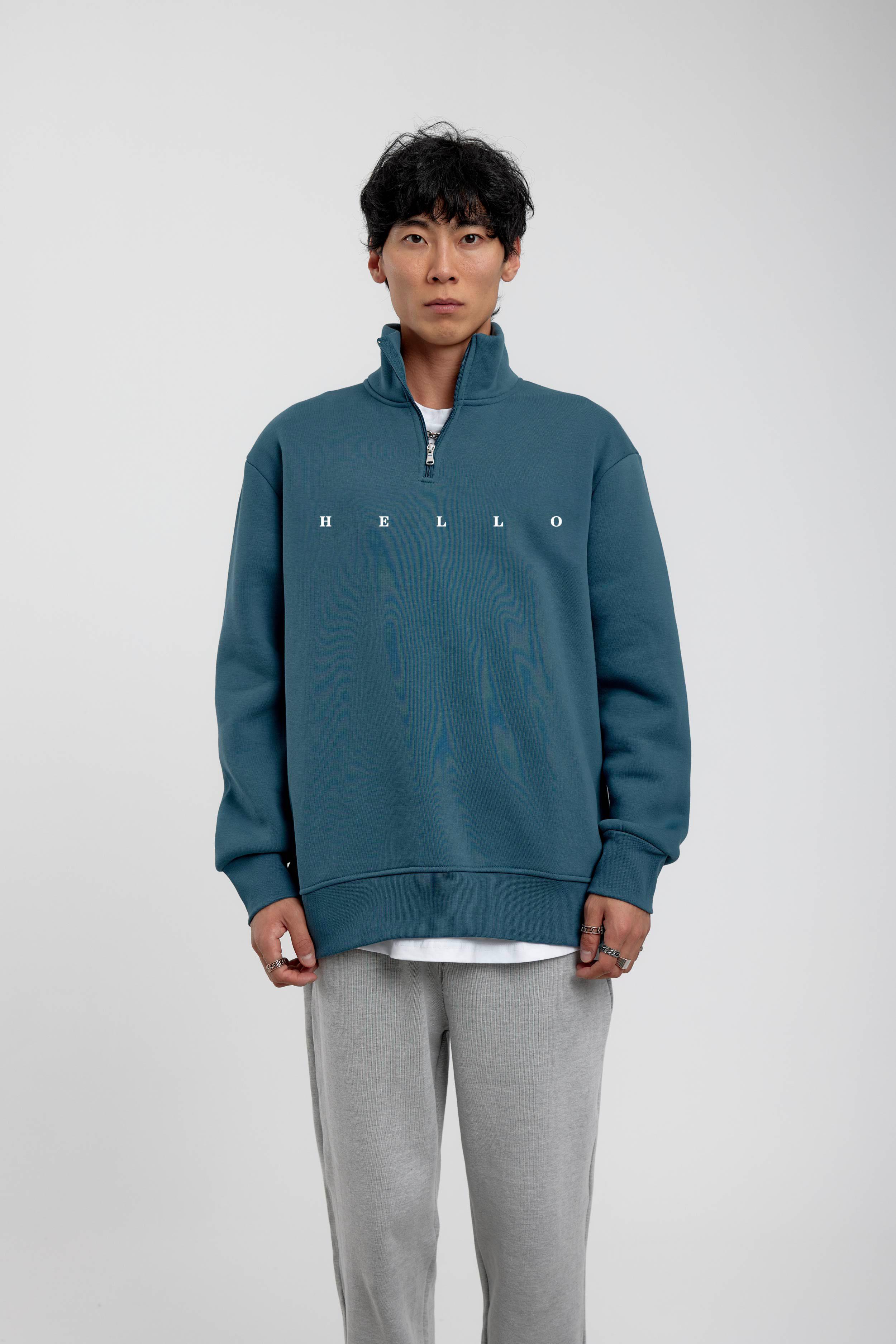 Mavi Hello Yazılı Yarım Fermuarlı Sweatshirt · 2