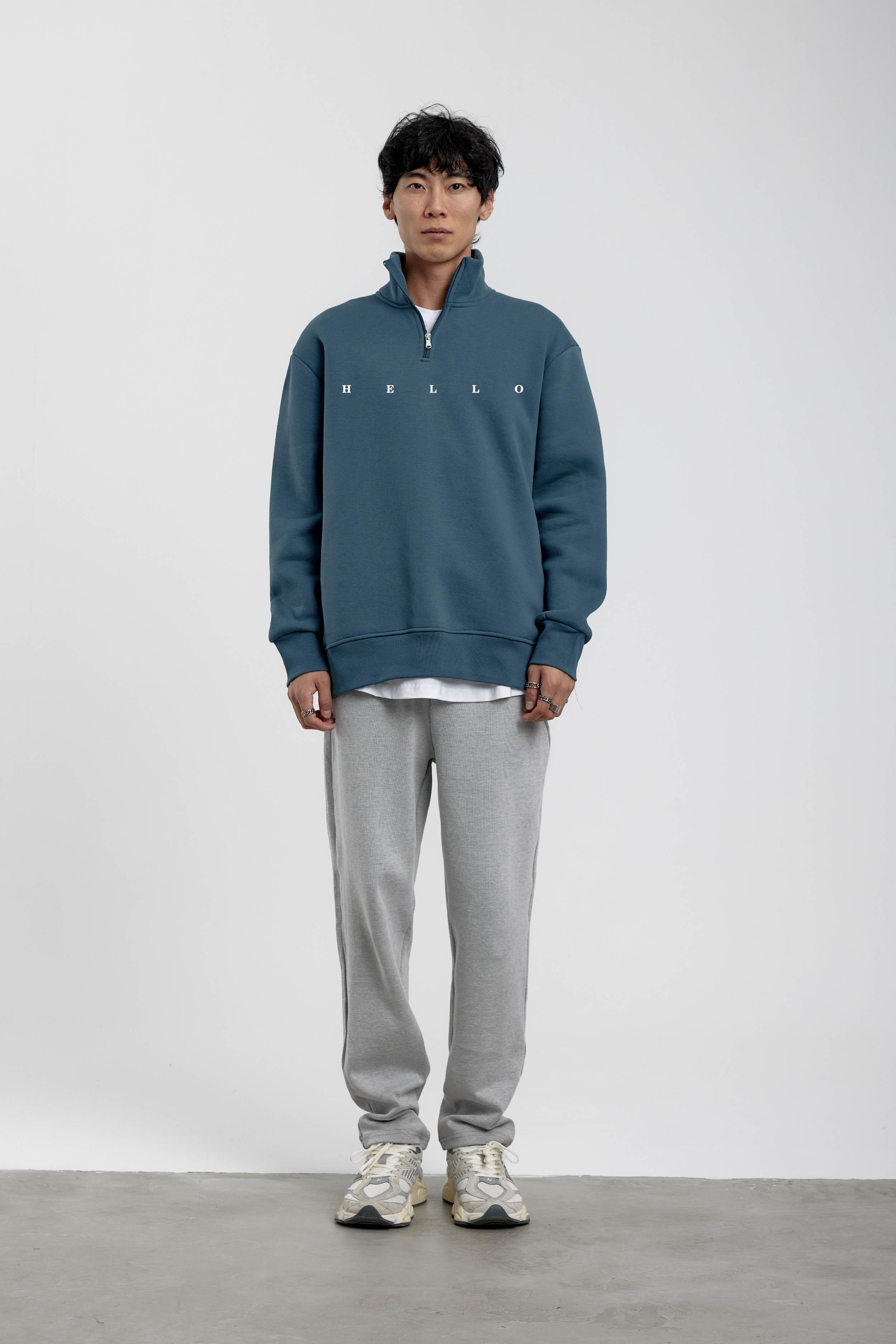 Mavi Hello Yazılı Yarım Fermuarlı Sweatshirt