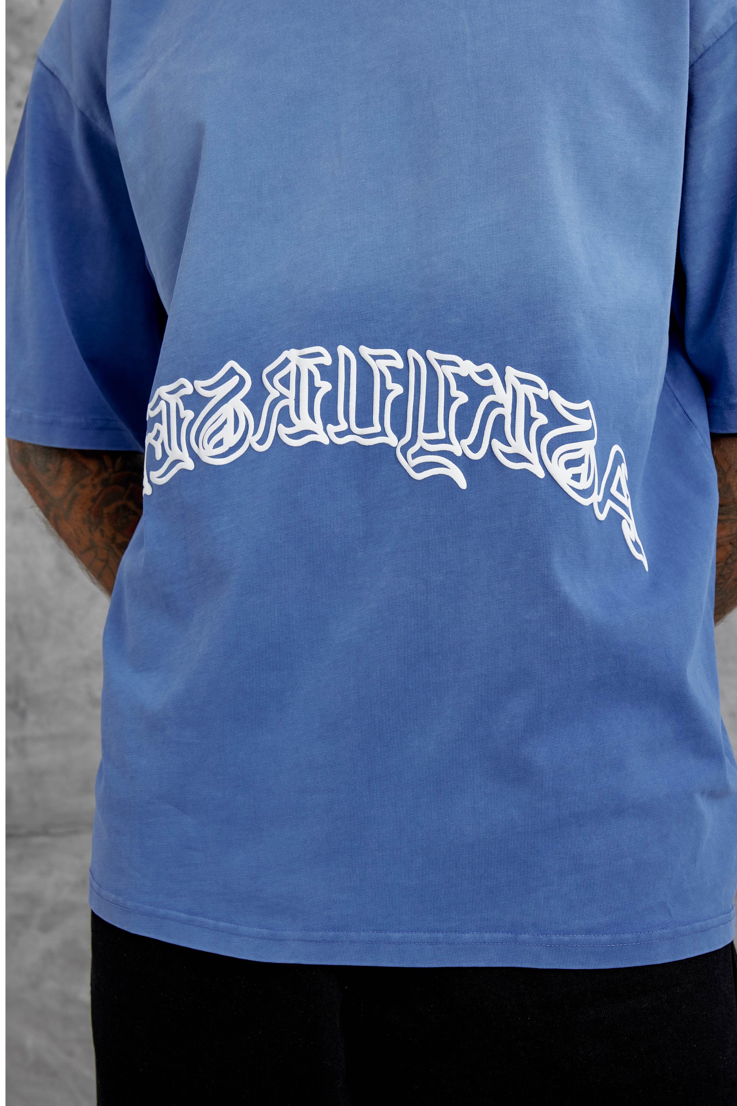 Mavi İşaretli Yazı Baskılı Yıkamalı Oversize Tshirt · 4