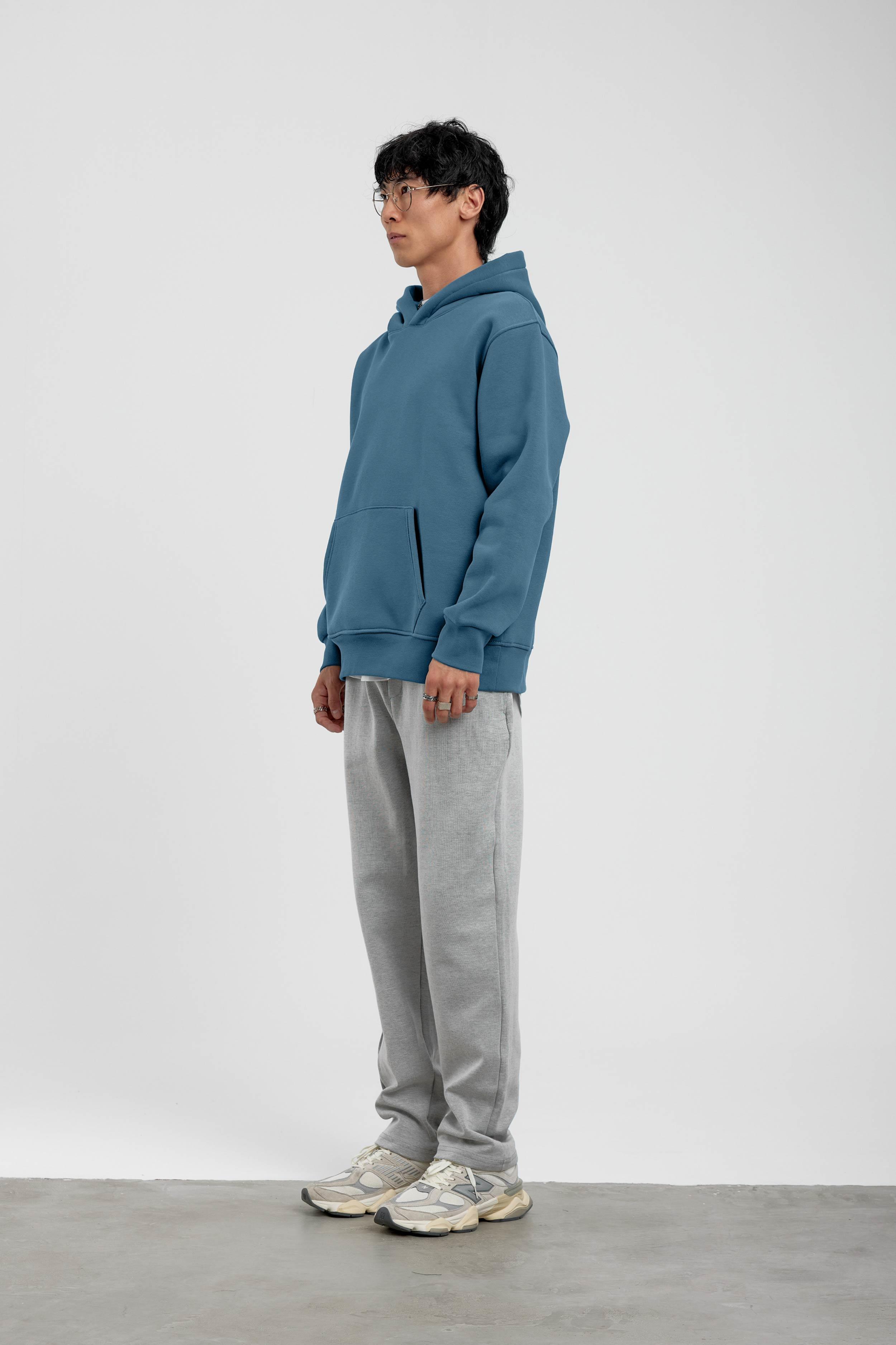 Mavi Kapüşonlu Basic Şardonlu Sweatshirt · 4