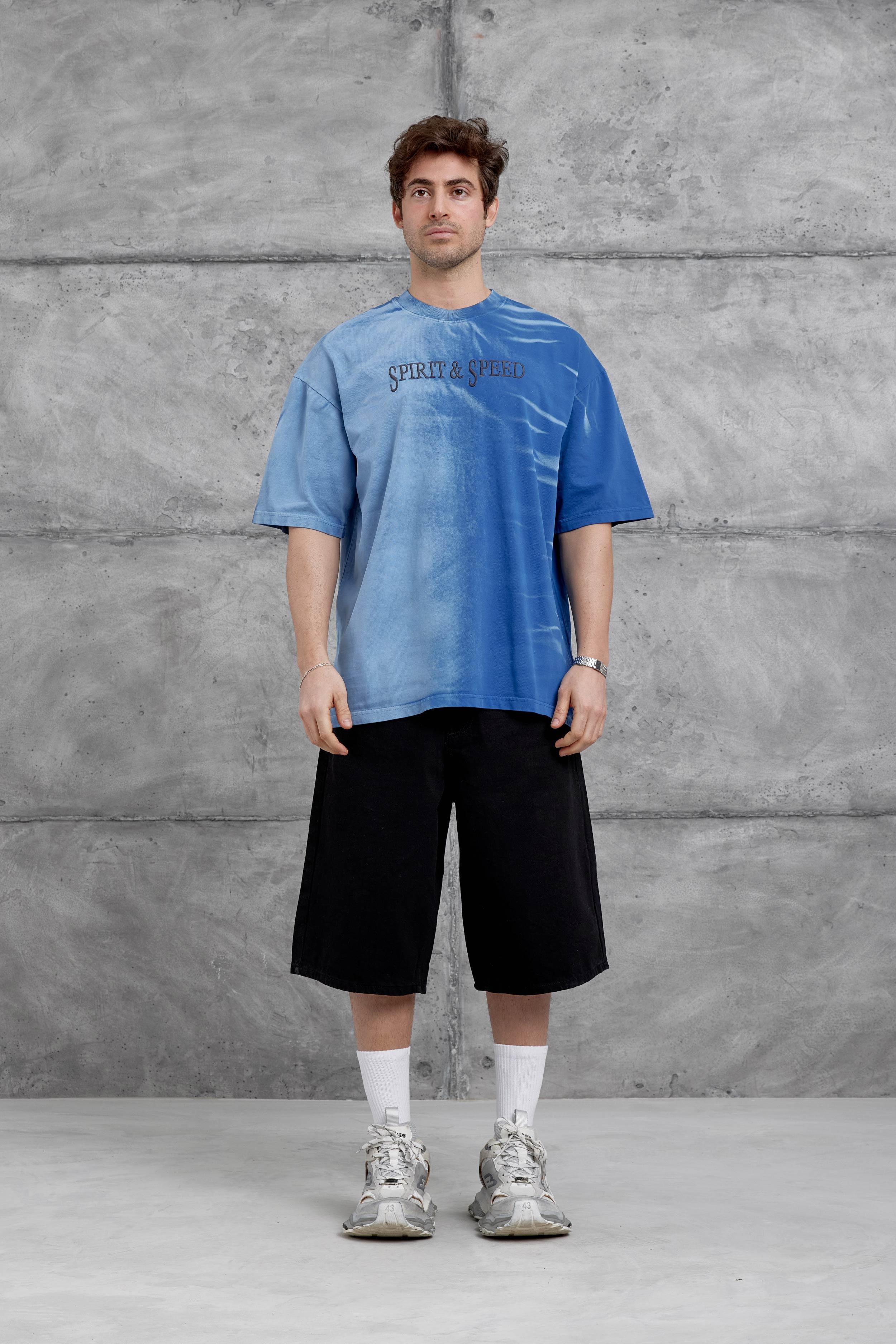 Mavi Spirit&Speed Yazılı Yıkamalı Oversize Tshirt