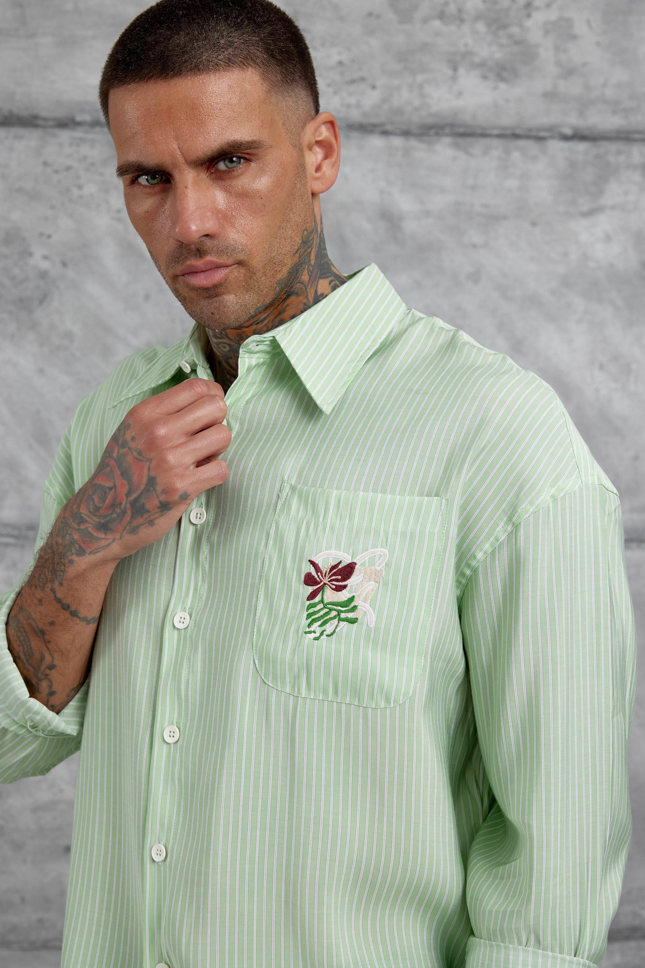Mint Yeşili Çizgili Modal Kumaş Oversize Gömlek · 2