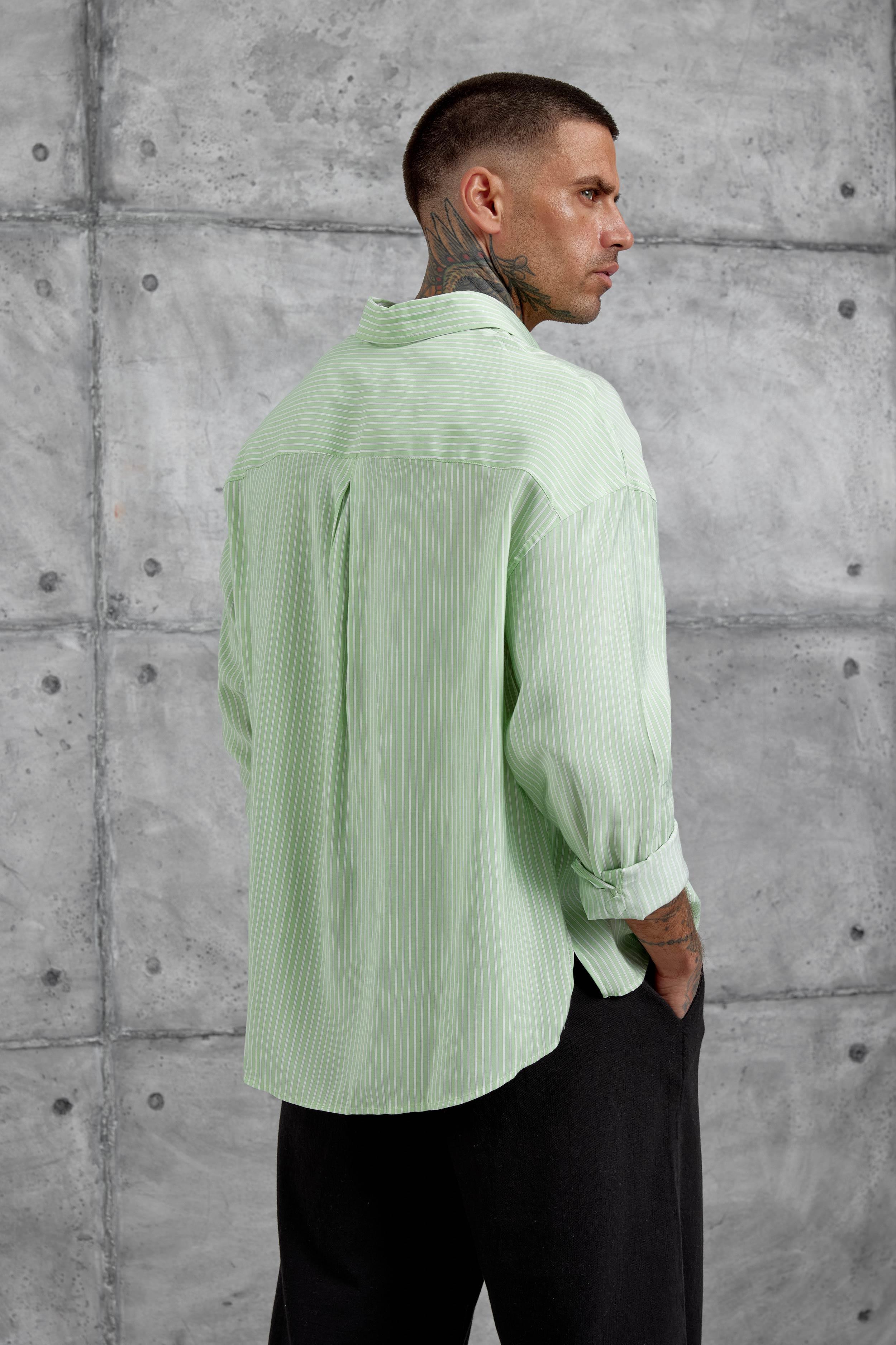 Mint Yeşili Çizgili Modal Kumaş Oversize Gömlek · 3