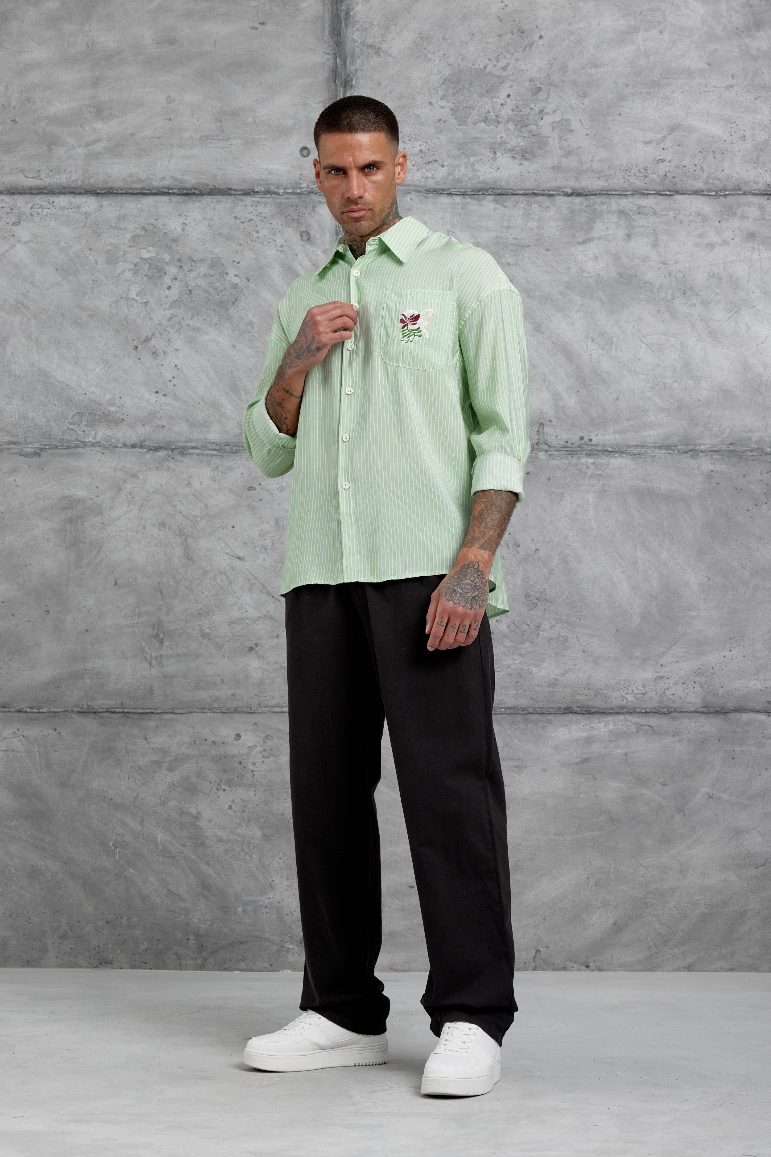 Mint Yeşili Çizgili Modal Kumaş Oversize Gömlek