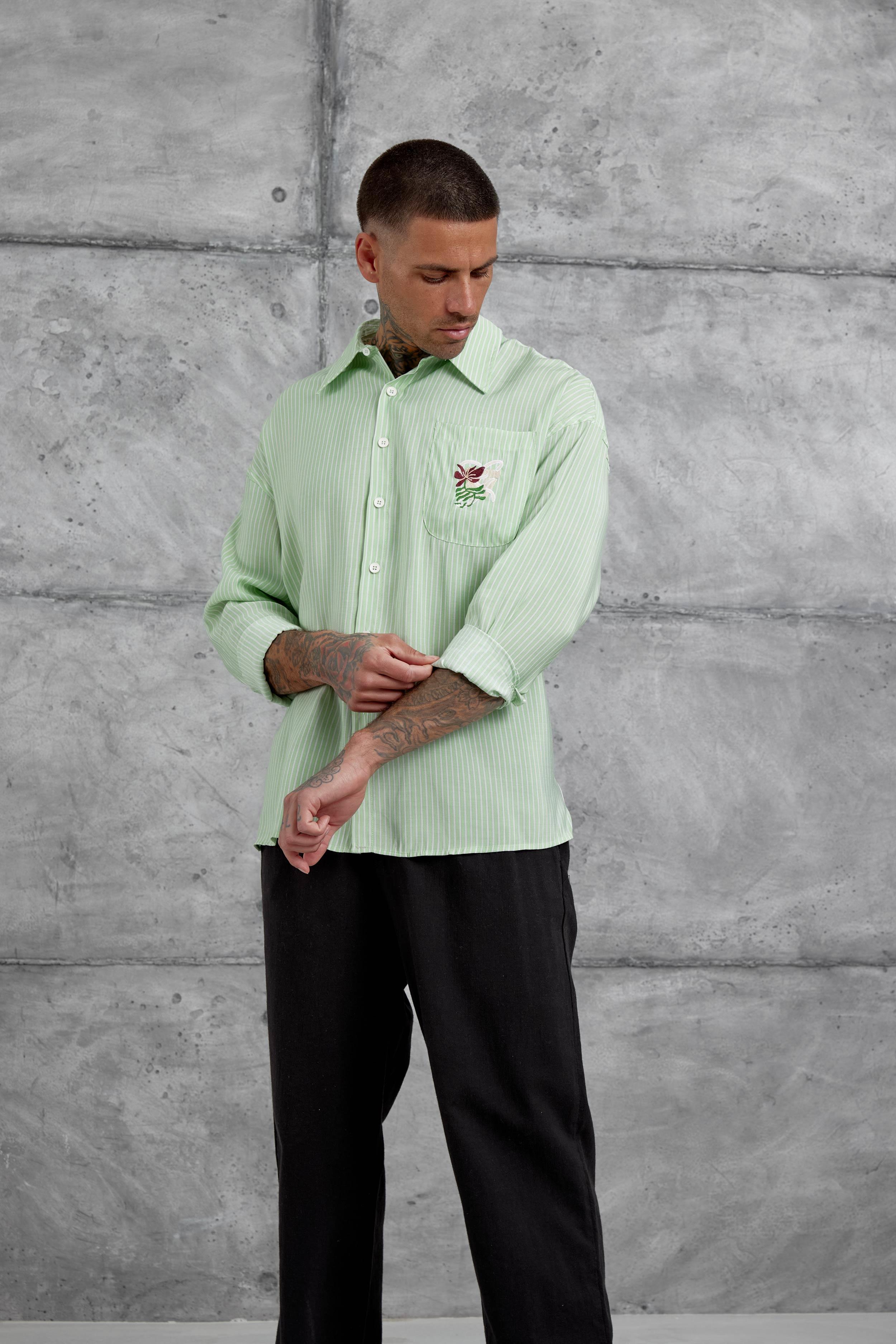 Mint Yeşili Çizgili Modal Kumaş Oversize Gömlek · 5