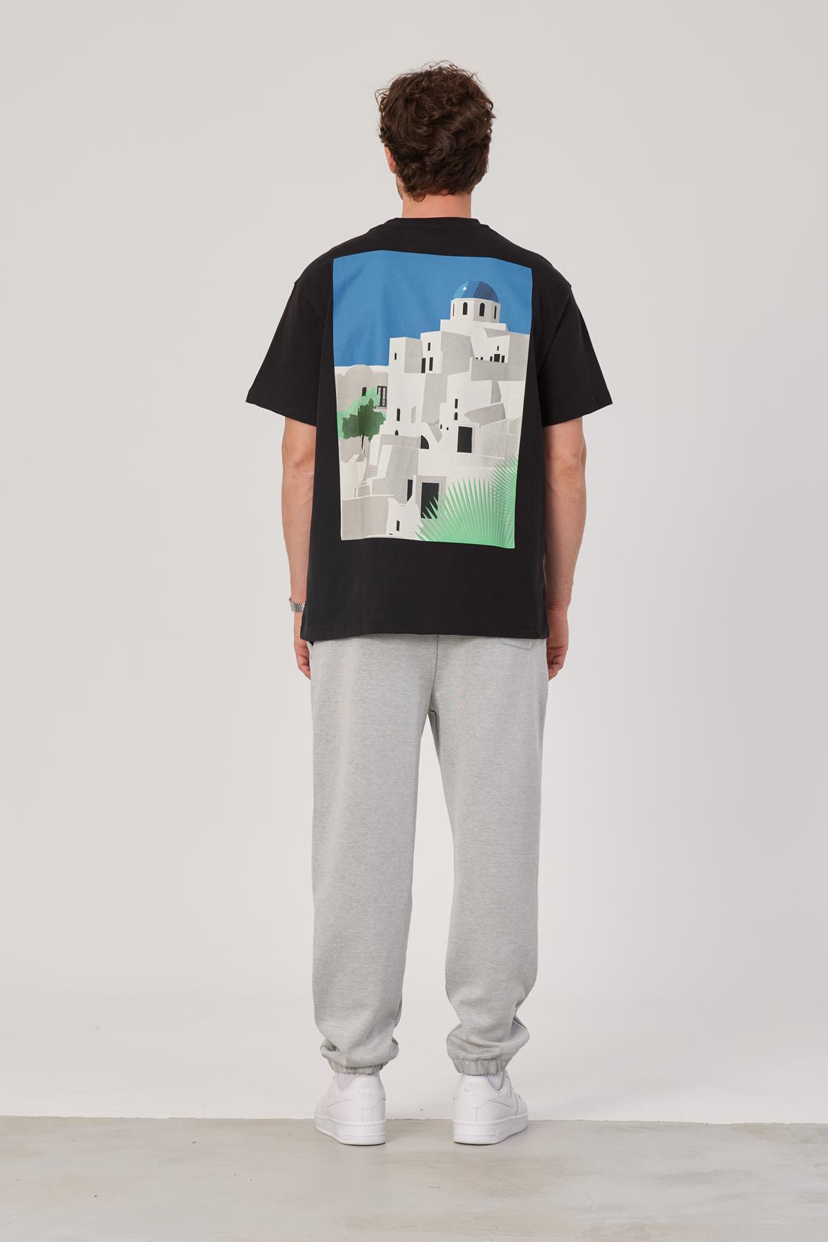 Mykonos Baskılı Siyah Tshirt