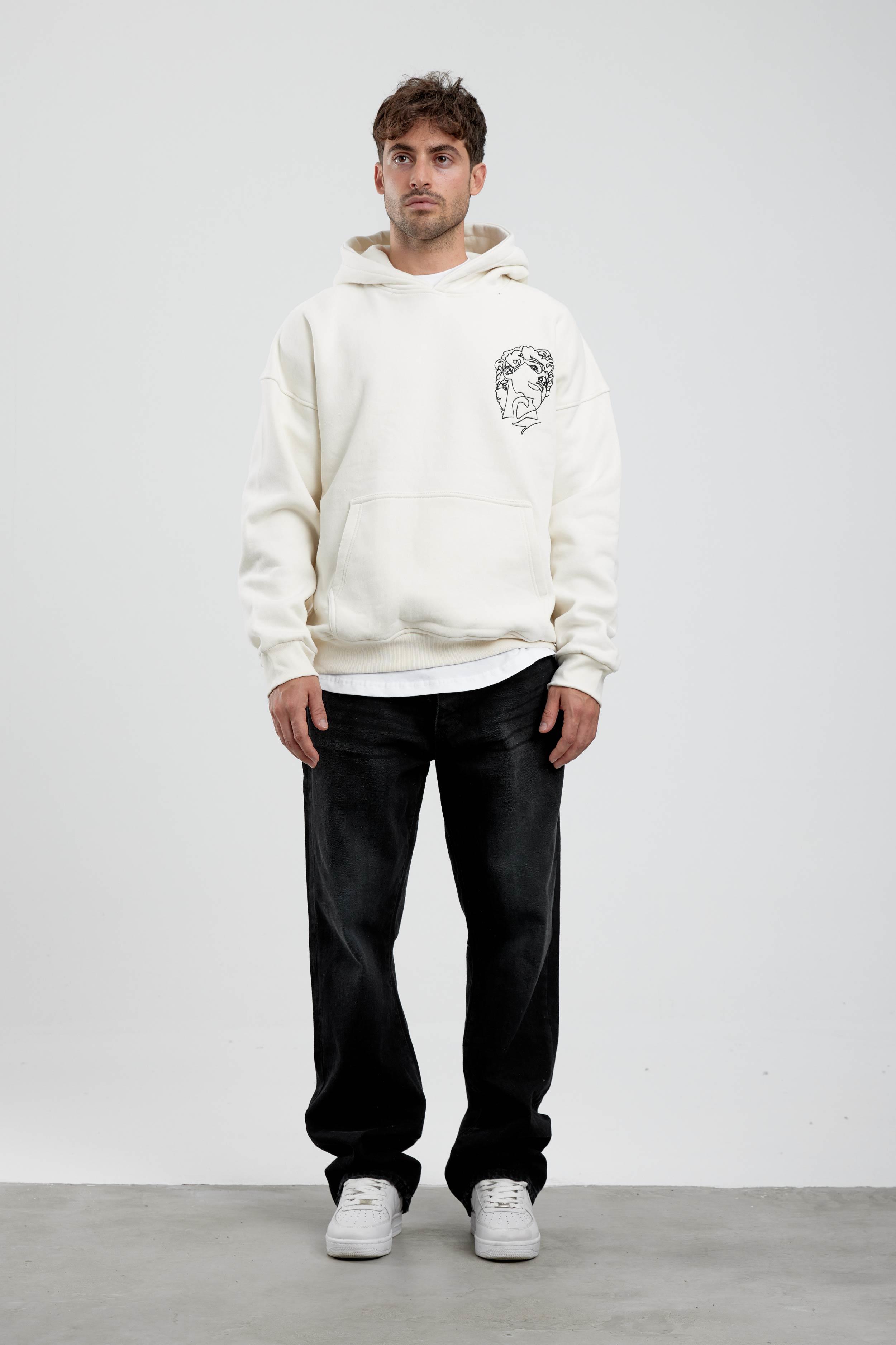 Beyaz Nakışlı Heykel Baskılı Beyaz Kapüşonlu Sweatshirt