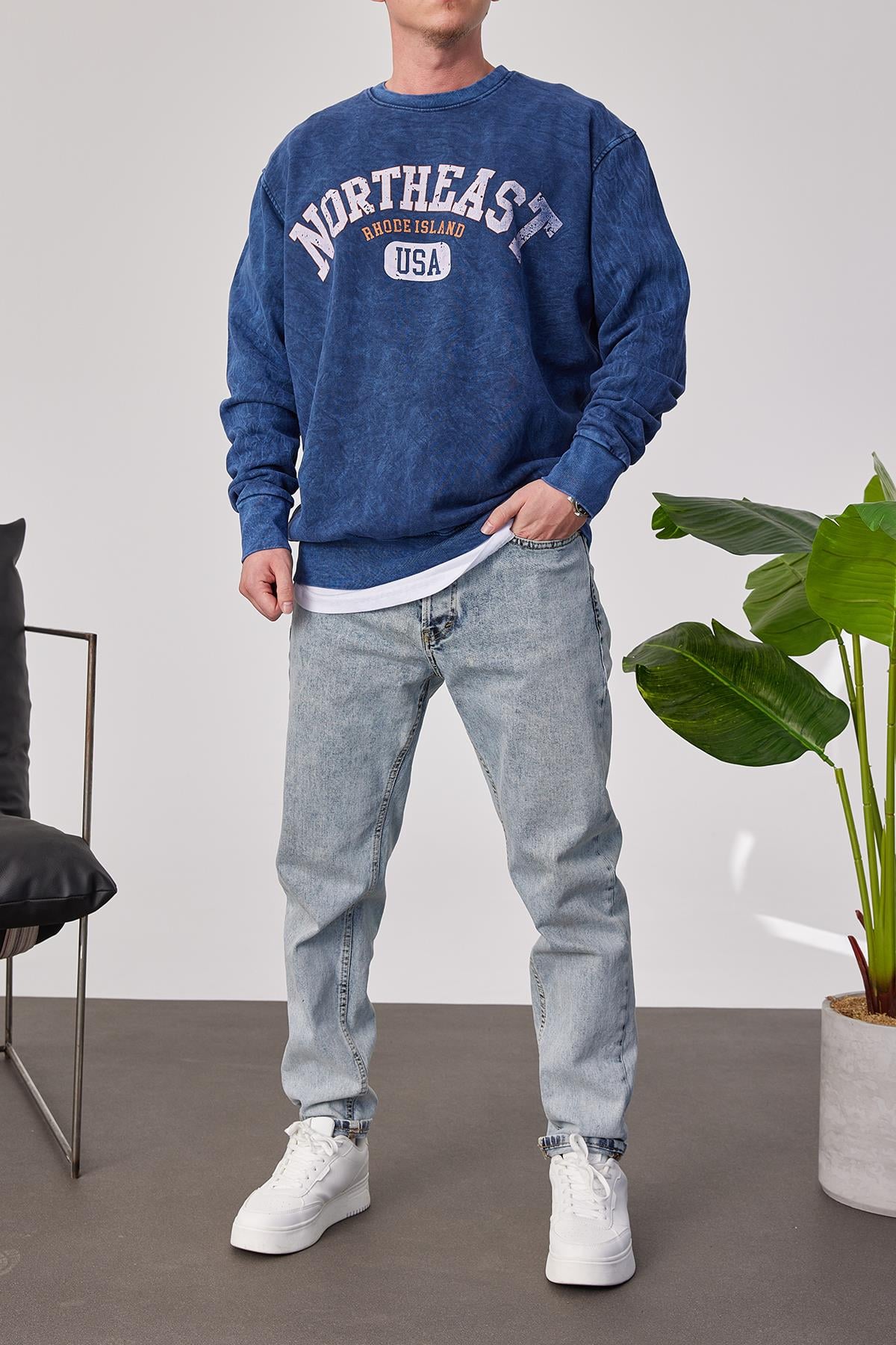 Northeast Yıkamalı Mavi Sweatshirt