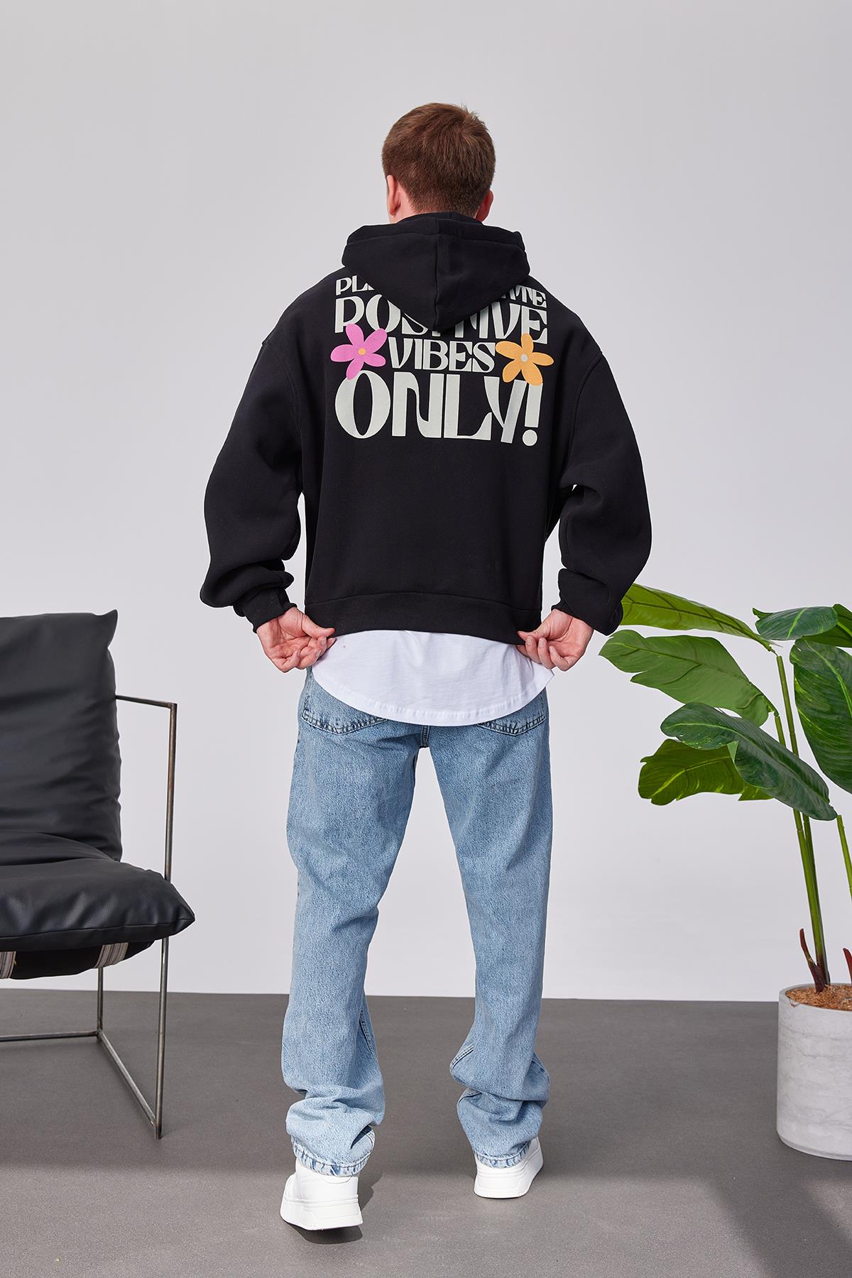 Positive Vibes Siyah Kapüşonlu Sweatshirt