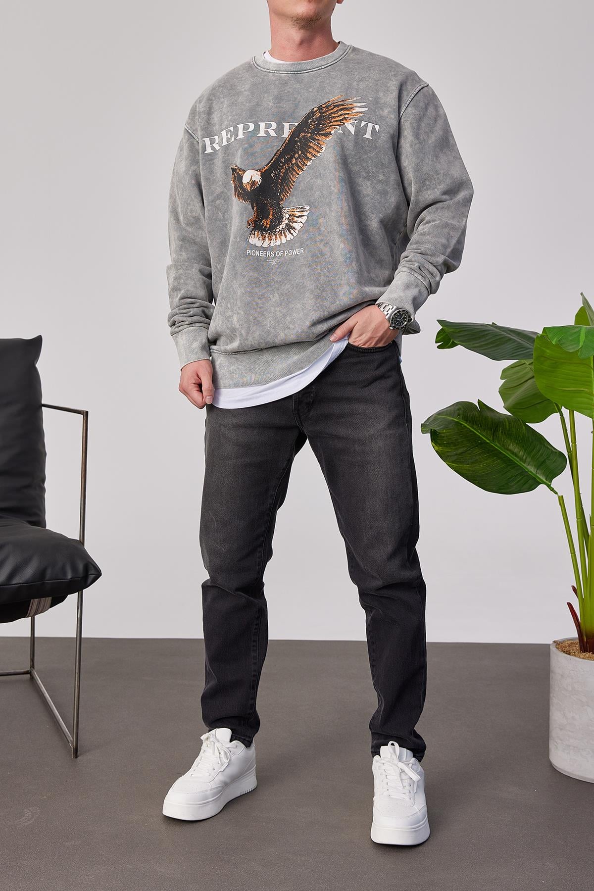 Represent Yazılı Gri Yıkamalı Sweatshirt