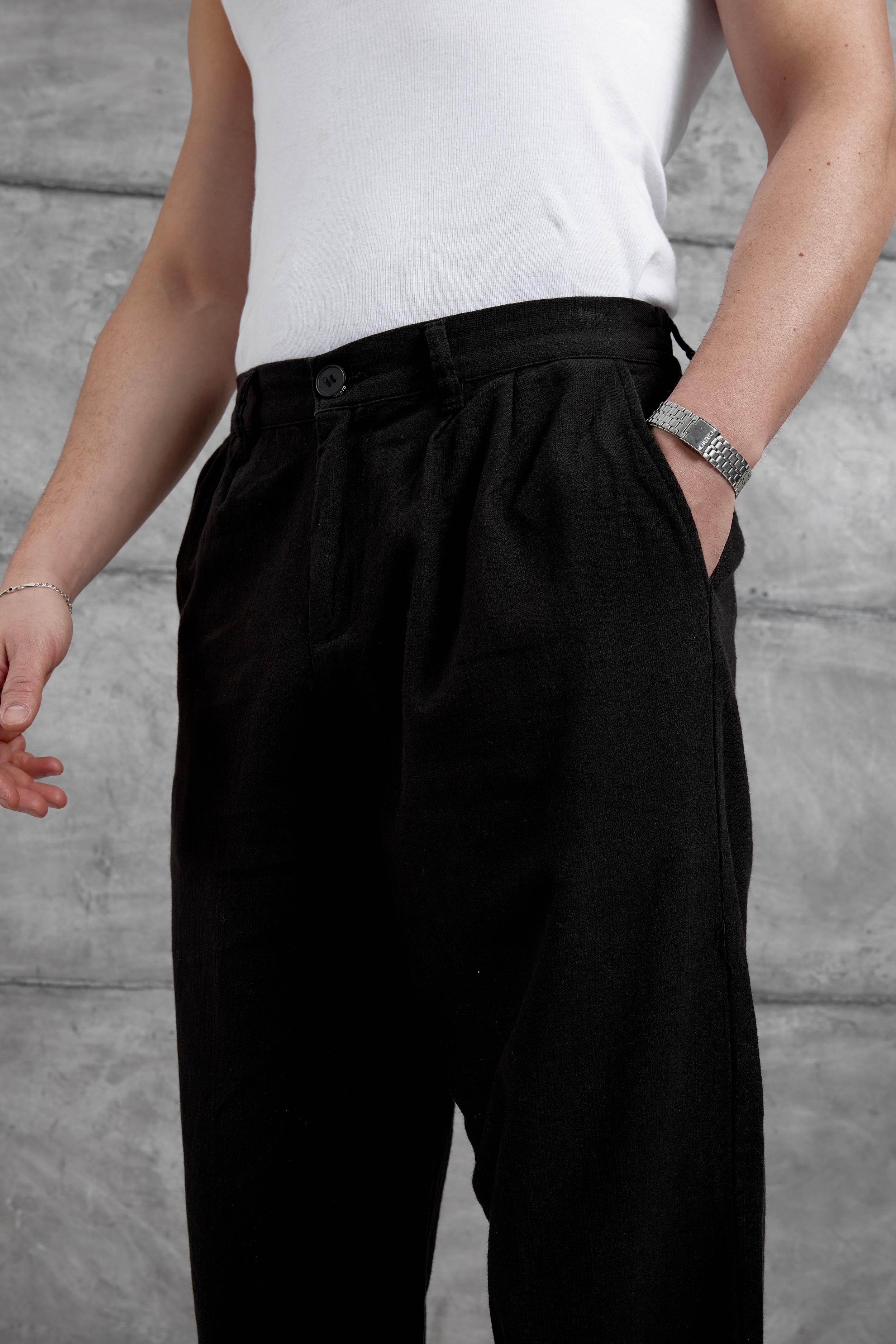 Siyah Baggy Kalıp Keten  Pantolon · 2