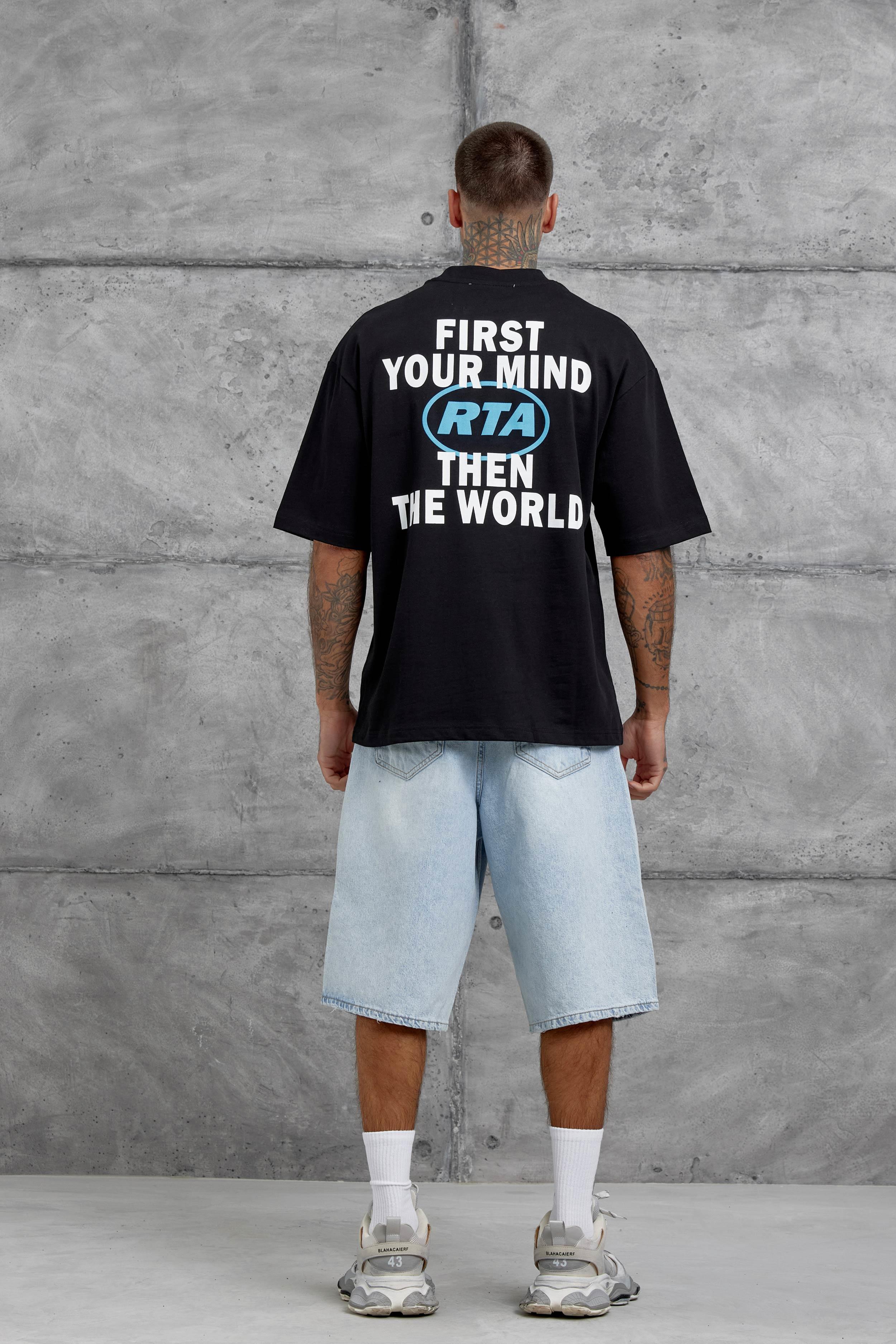 Siyah First Your Mind Yazılı Oversize Tshirt