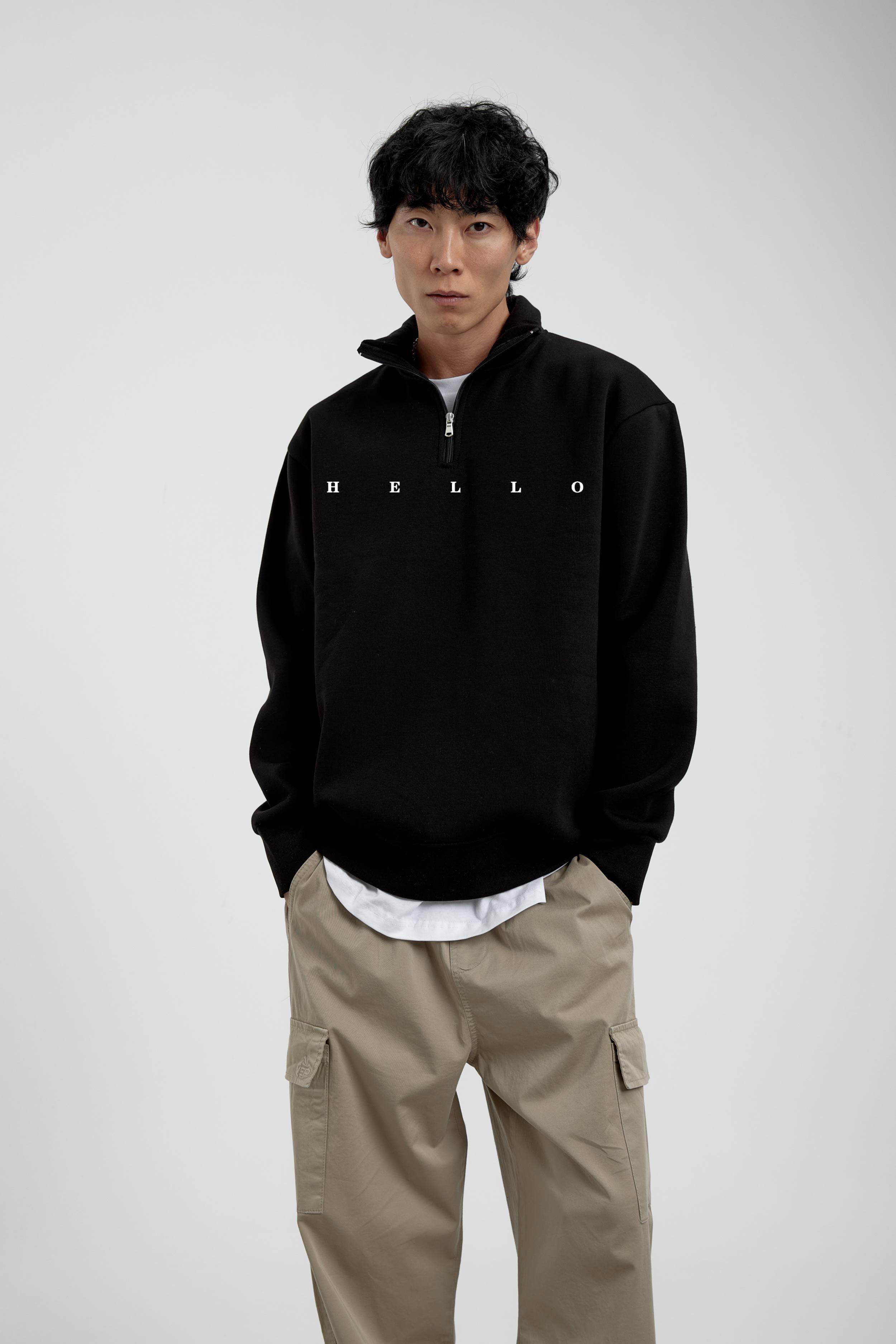Siyah Hello Yazılı Yarım Fermuarlı Sweatshirt