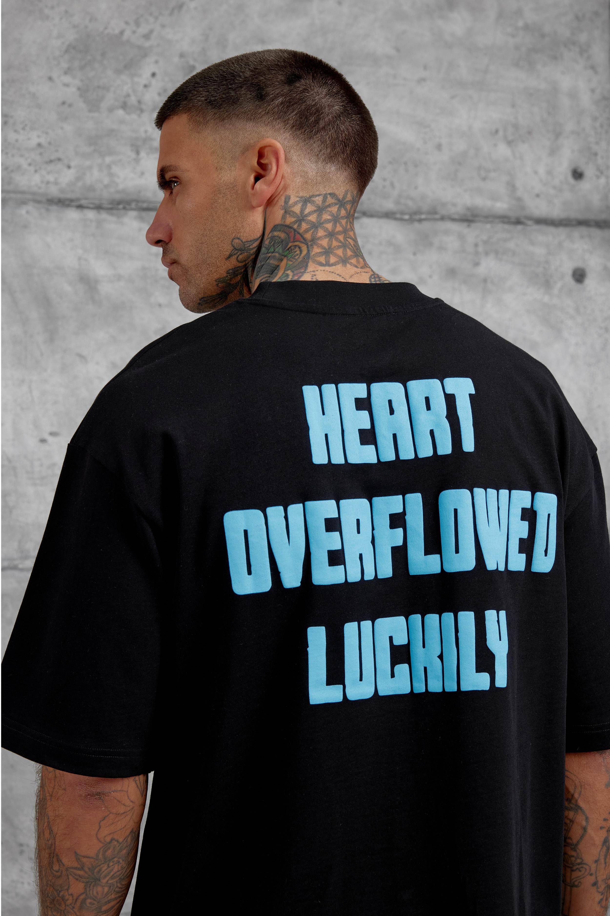 Siyah Kalp Küpür Baskılı Oversize Tshirt