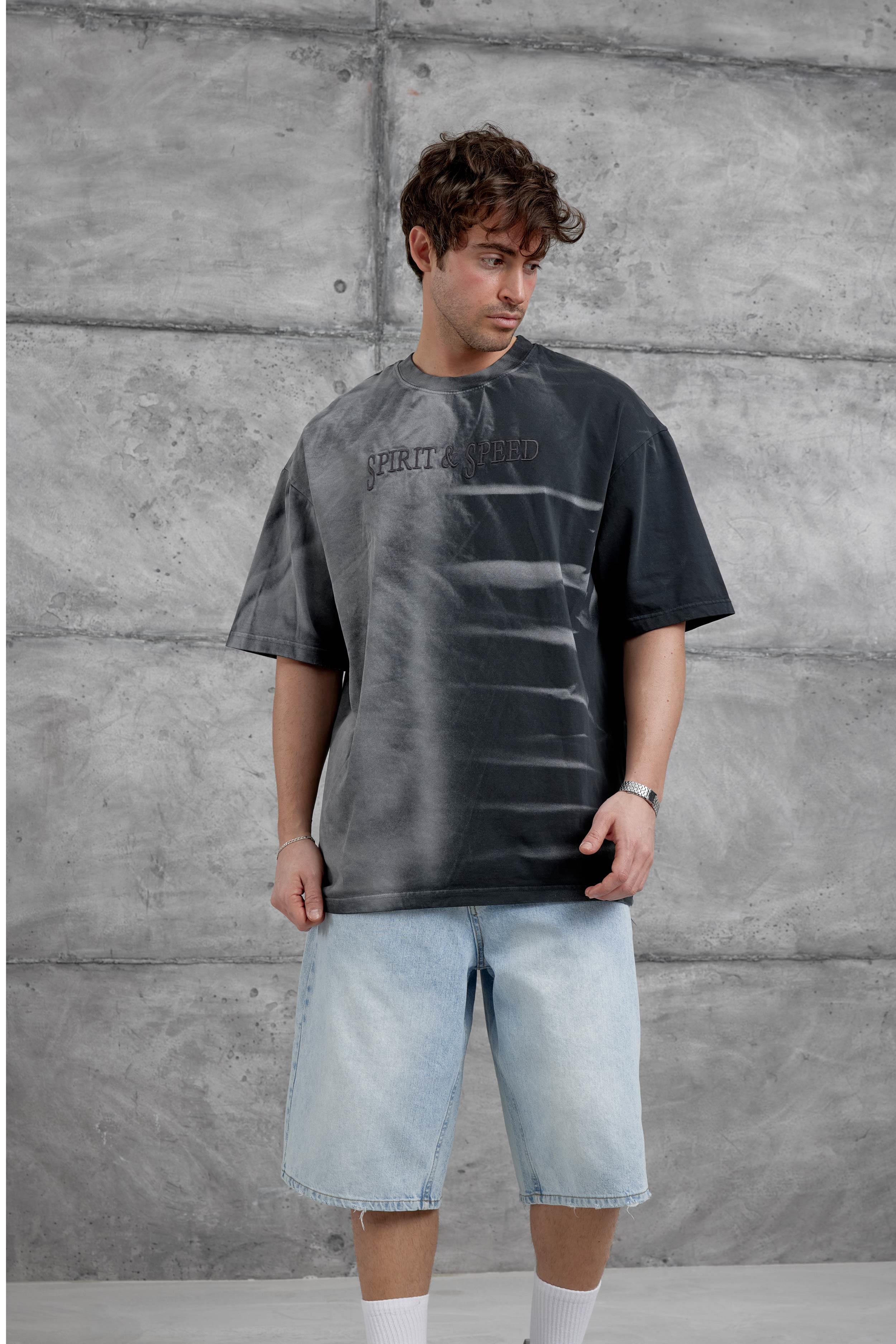 Siyah Spirit&Speed Yazılı Yıkamalı Oversize Tshirt