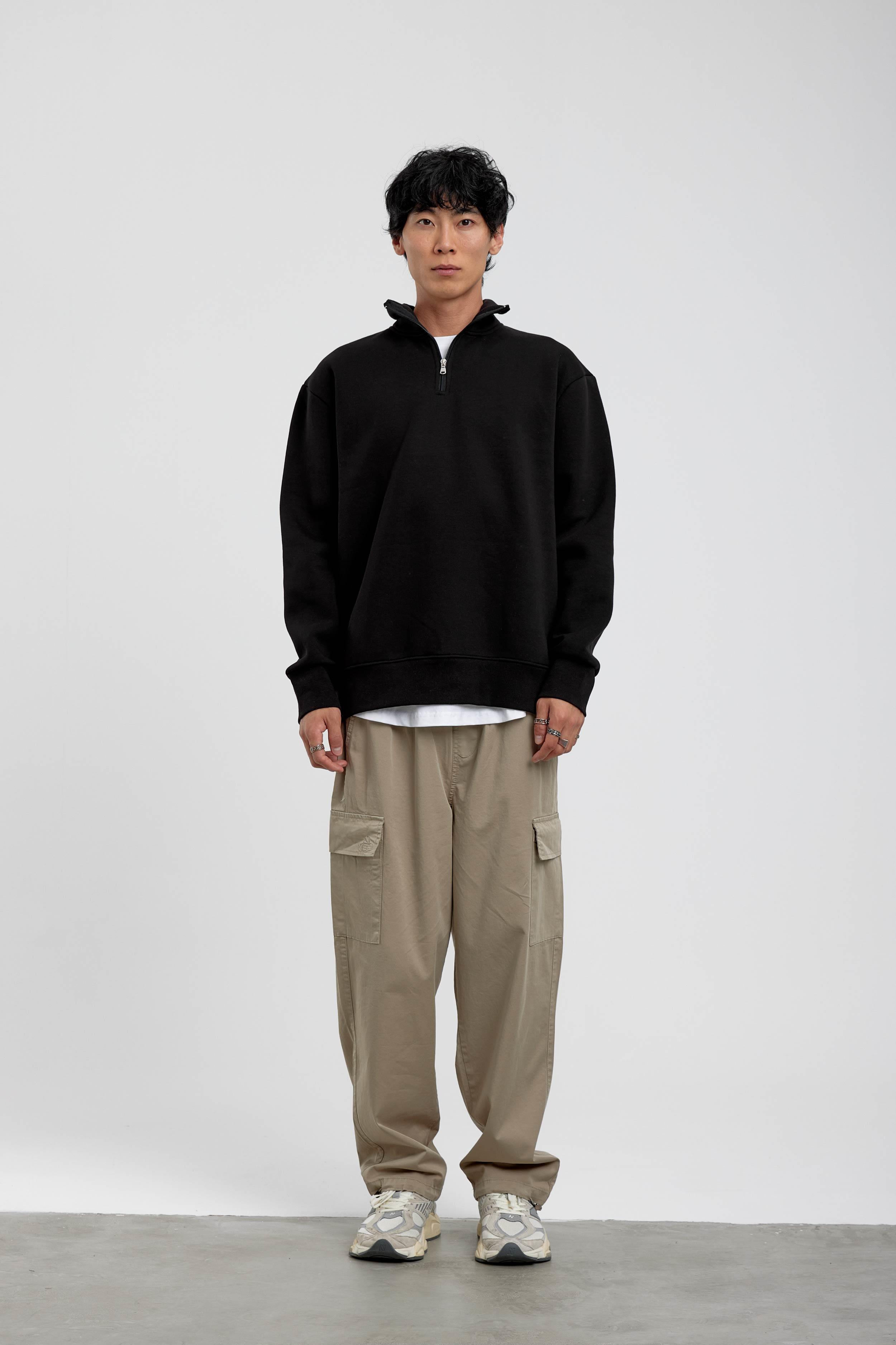 Siyah Yakası Fermuarlı Basic Şardonlu Sweatshirt