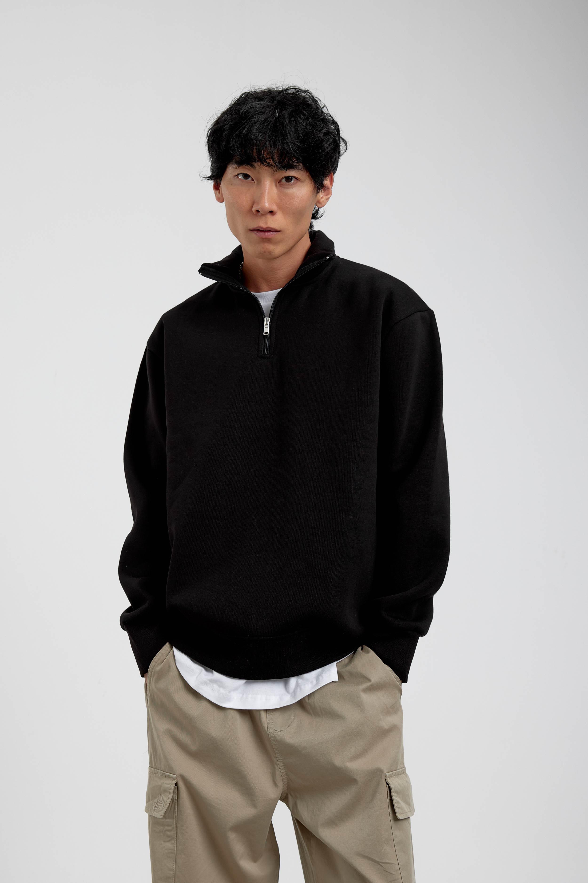 Siyah Yakası Fermuarlı Basic Şardonlu Sweatshirt · 2