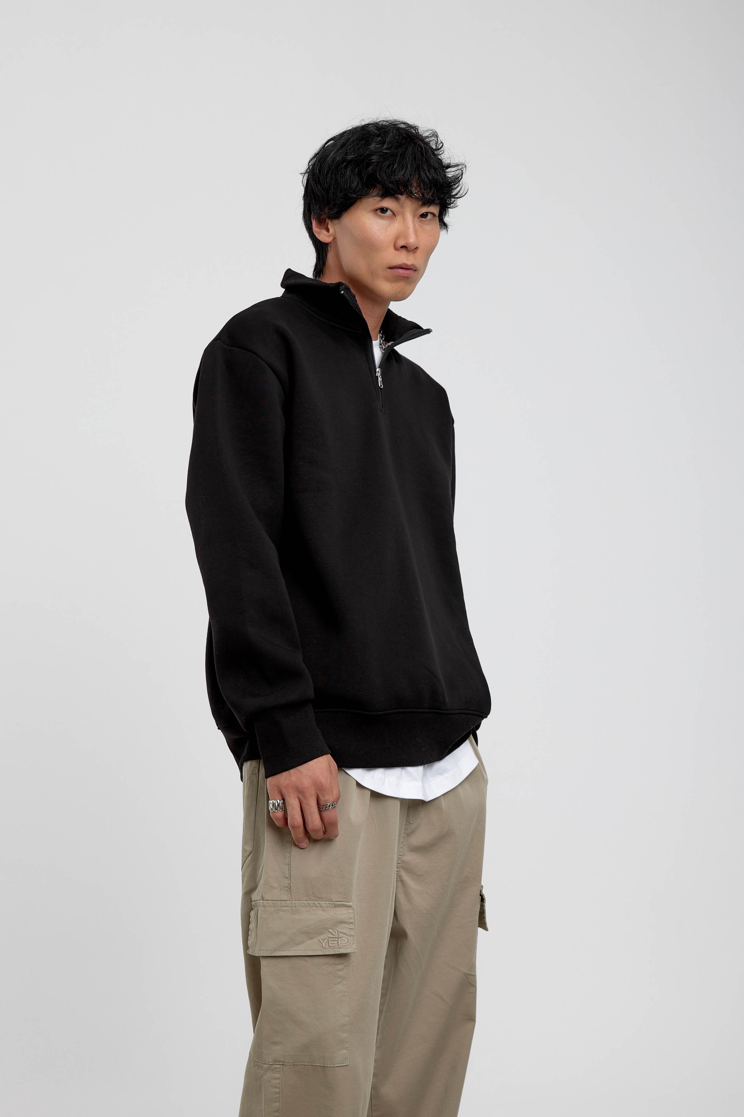 Siyah Yakası Fermuarlı Basic Şardonlu Sweatshirt · 5