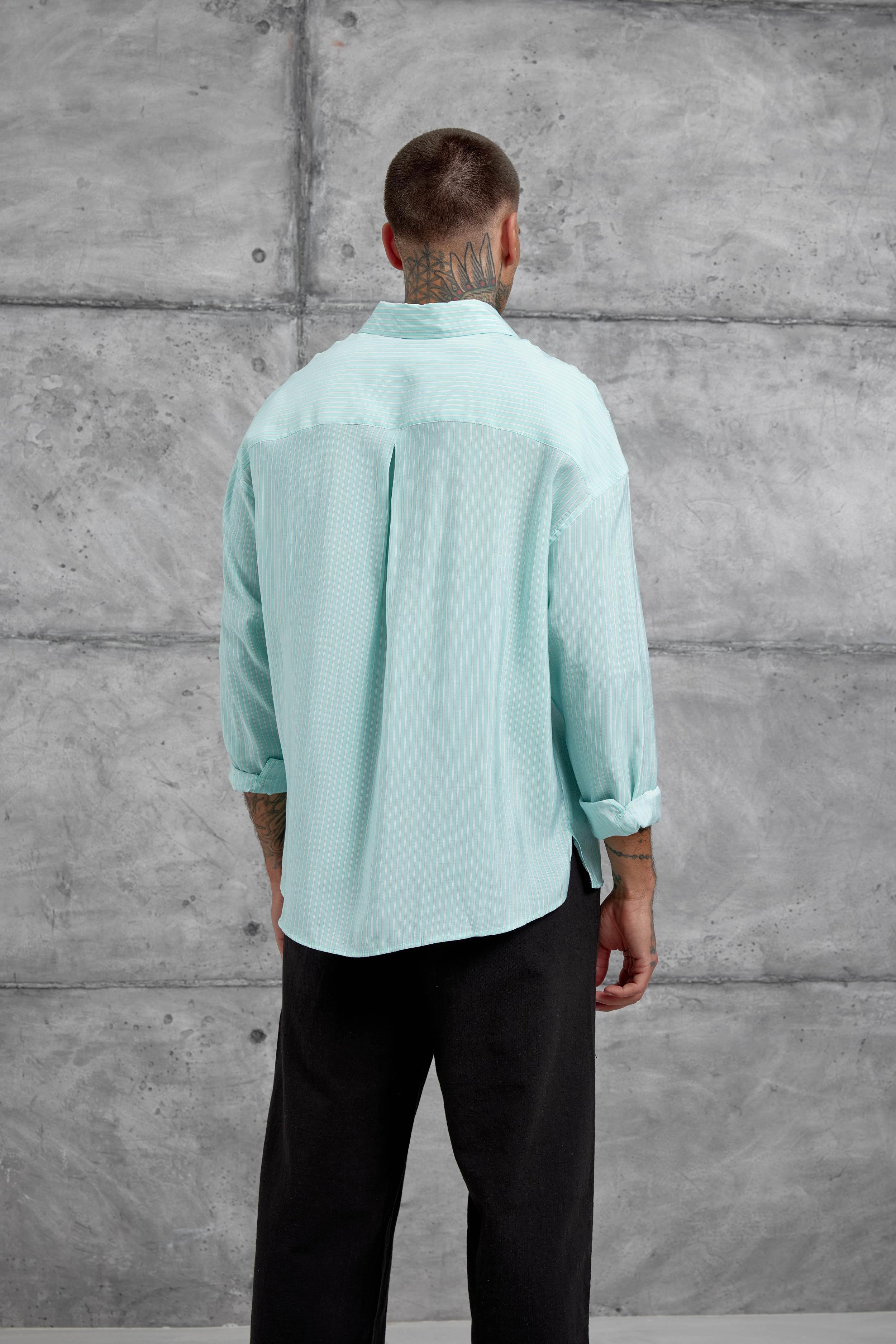 Turkuaz Çizgili Modal Kumaş Oversize Gömlek · 5