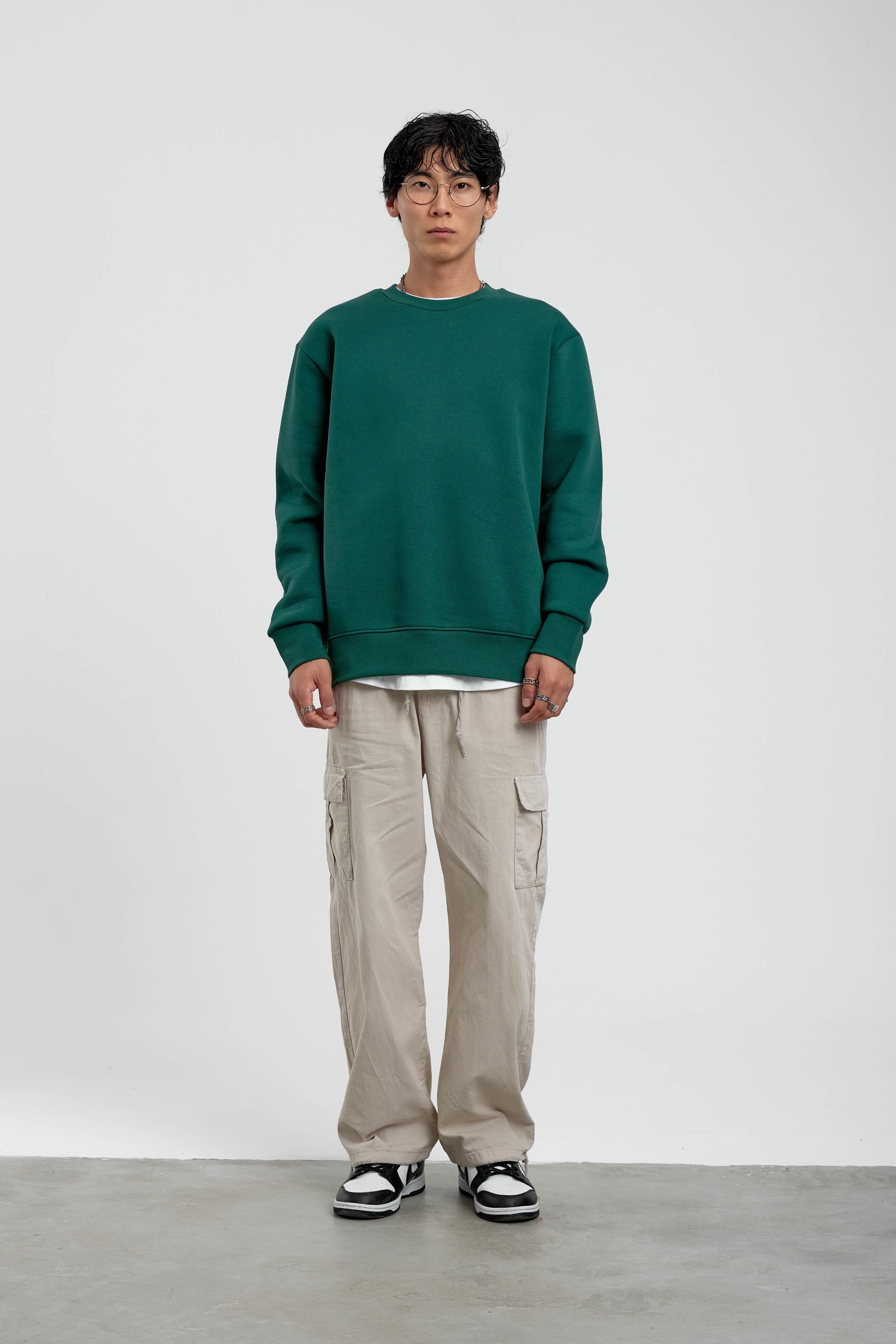 Yeşil Bisiklet Yaka Basic Şardonlu Sweatshirt