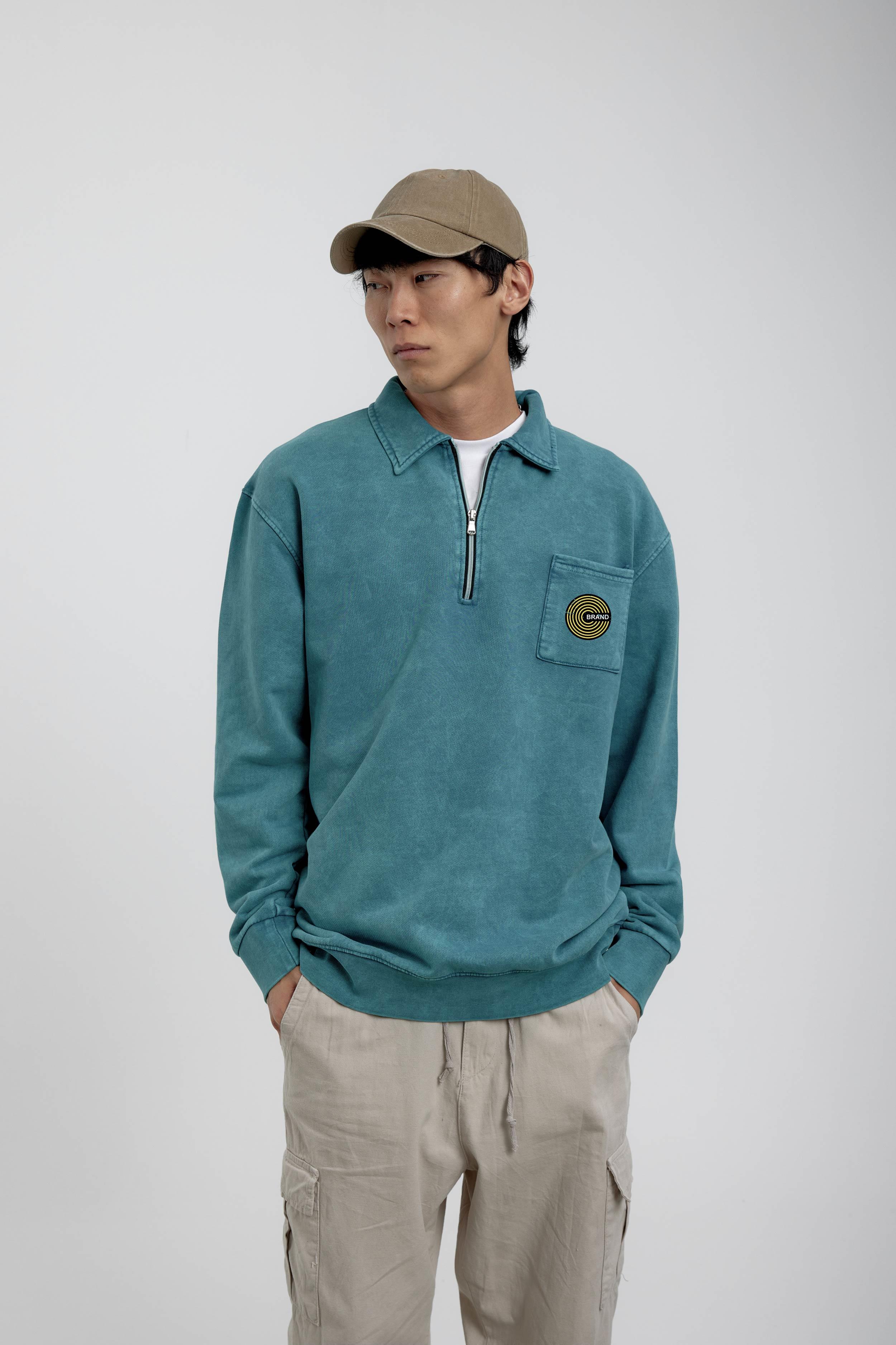 Yeşil Cebi Brand Yazılı Yakası Fermuarlı Sweatshirt