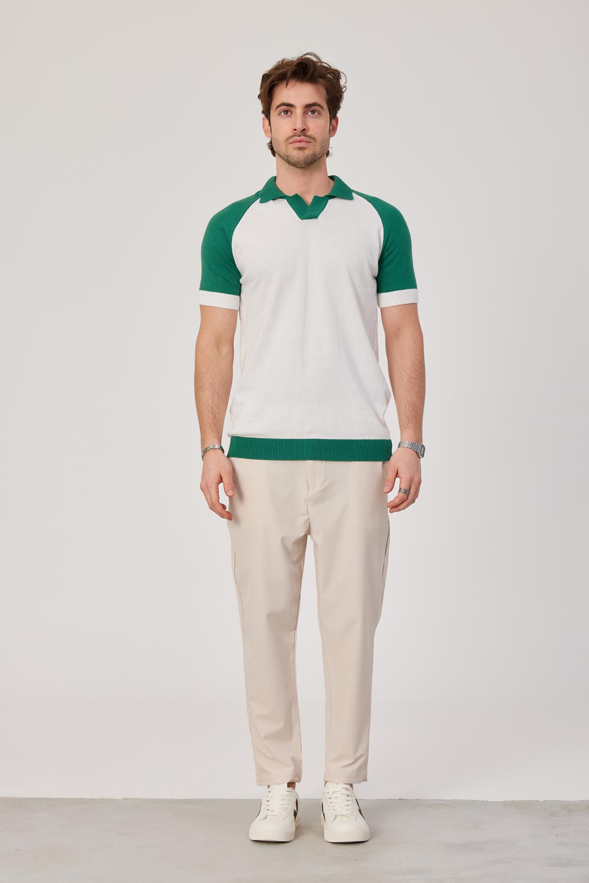 Yeşil Detaylı Beyaz Triko Tshirt