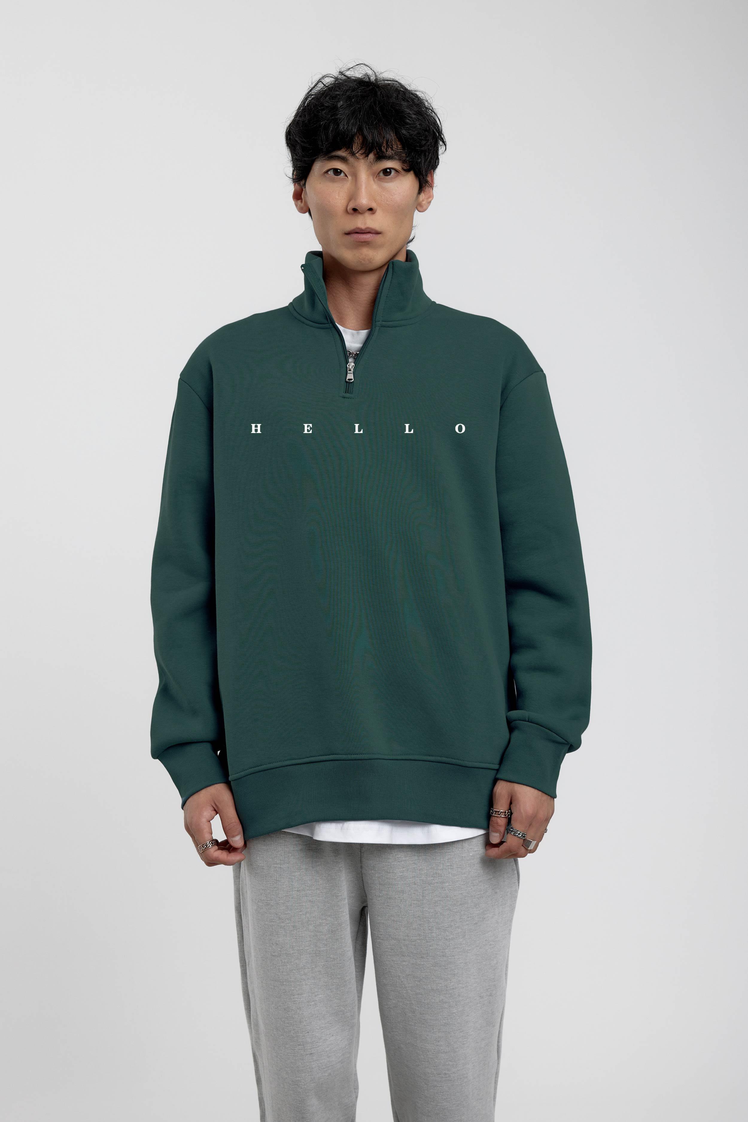 Yeşil Hello Yazılı Yarım Fermuarlı Sweatshirt · 2