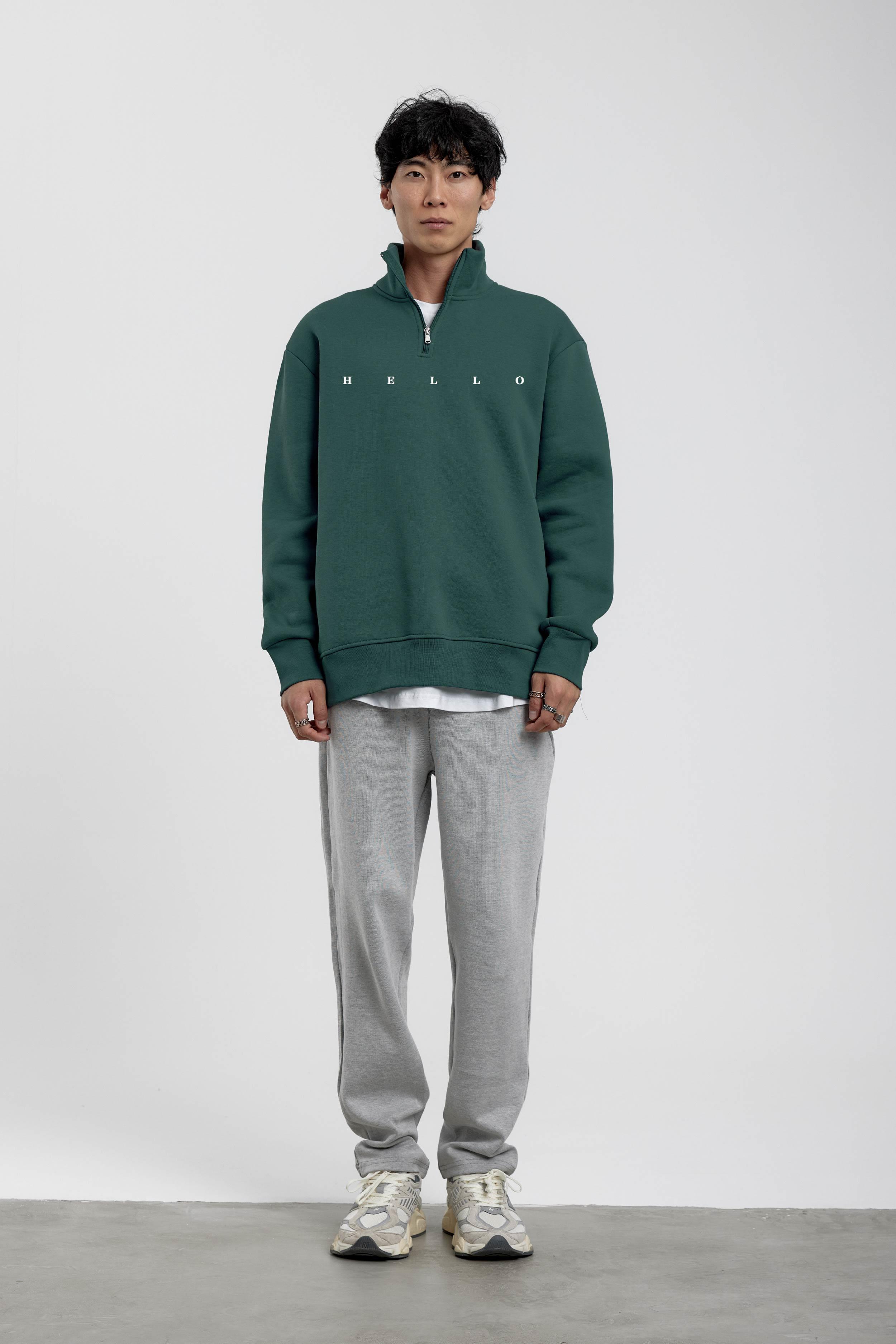 Yeşil Hello Yazılı Yarım Fermuarlı Sweatshirt