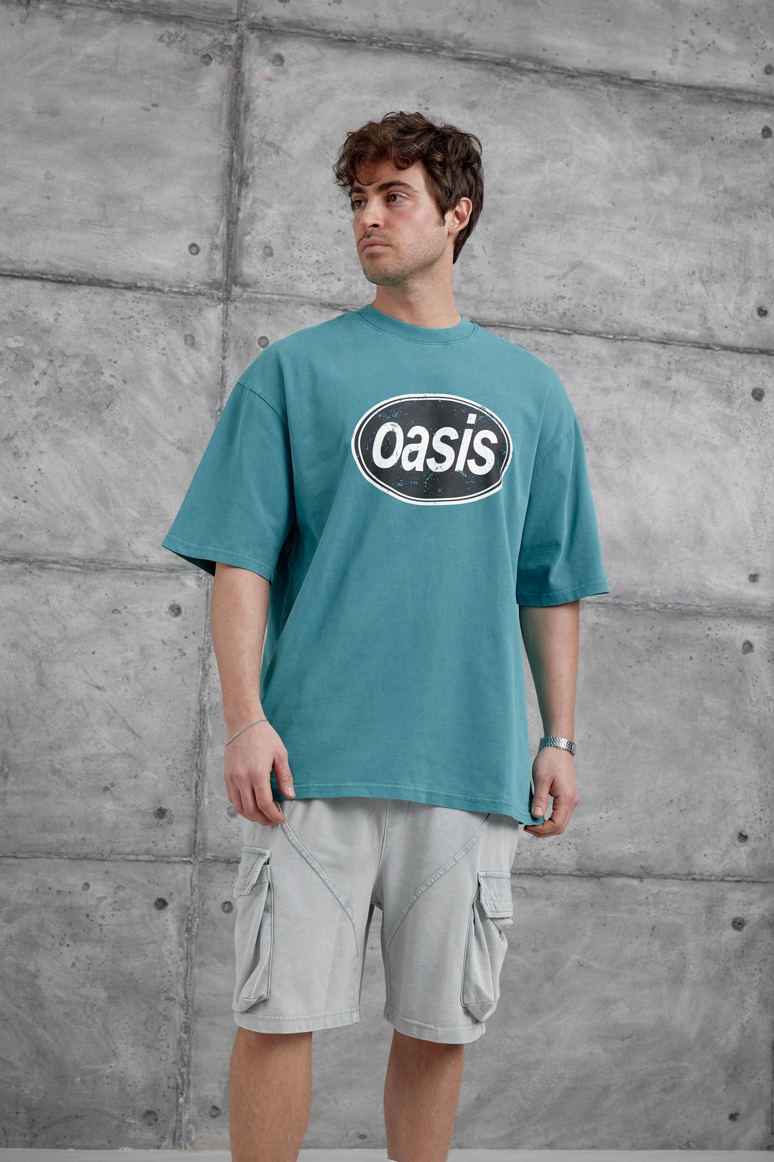 Yeşil Oasis Yazılı Yıkamalı Oversize Tshirt · 2