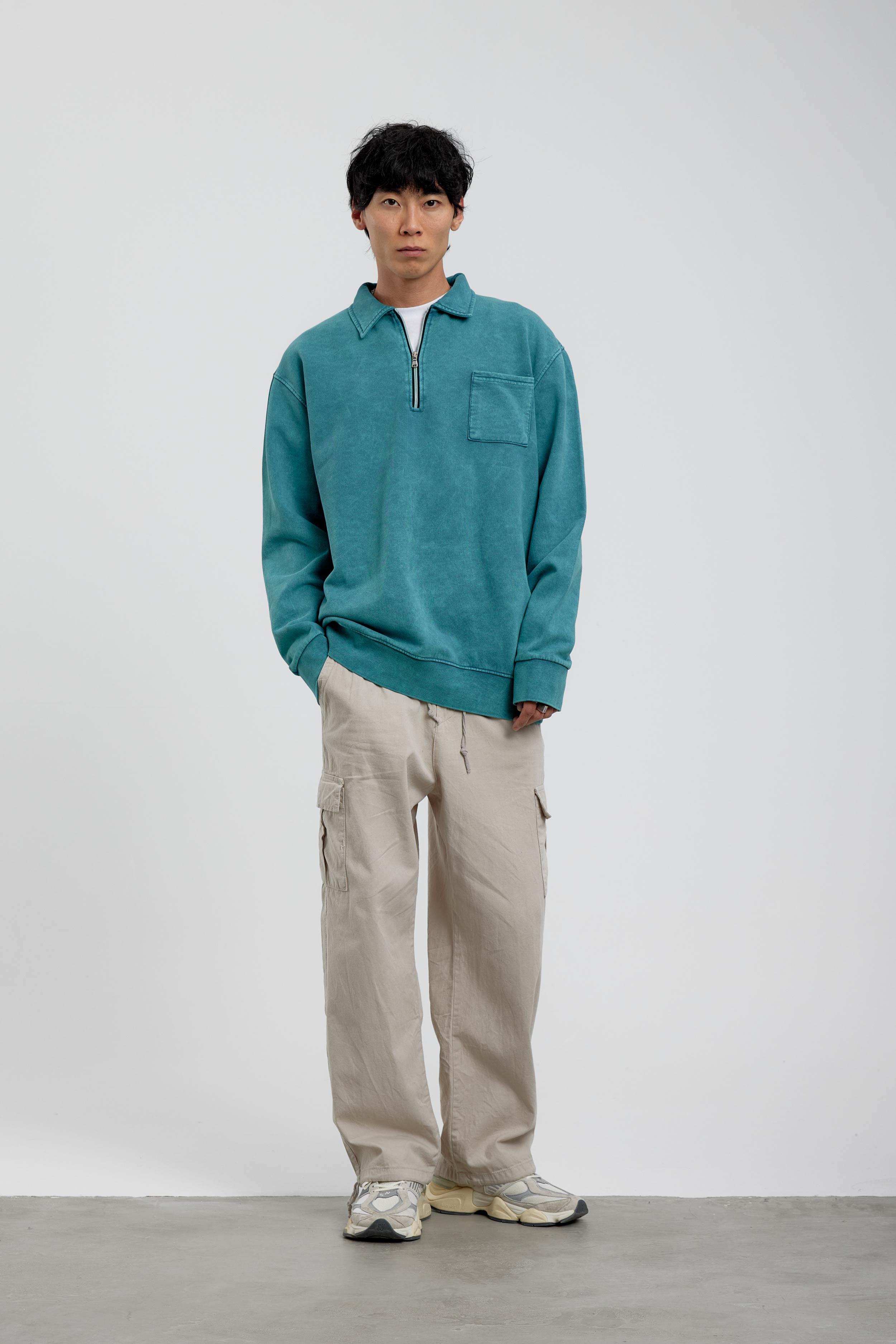 Yeşil Tek Cepli Yarım Fermuarlı Yıkamalı Sweatshirt