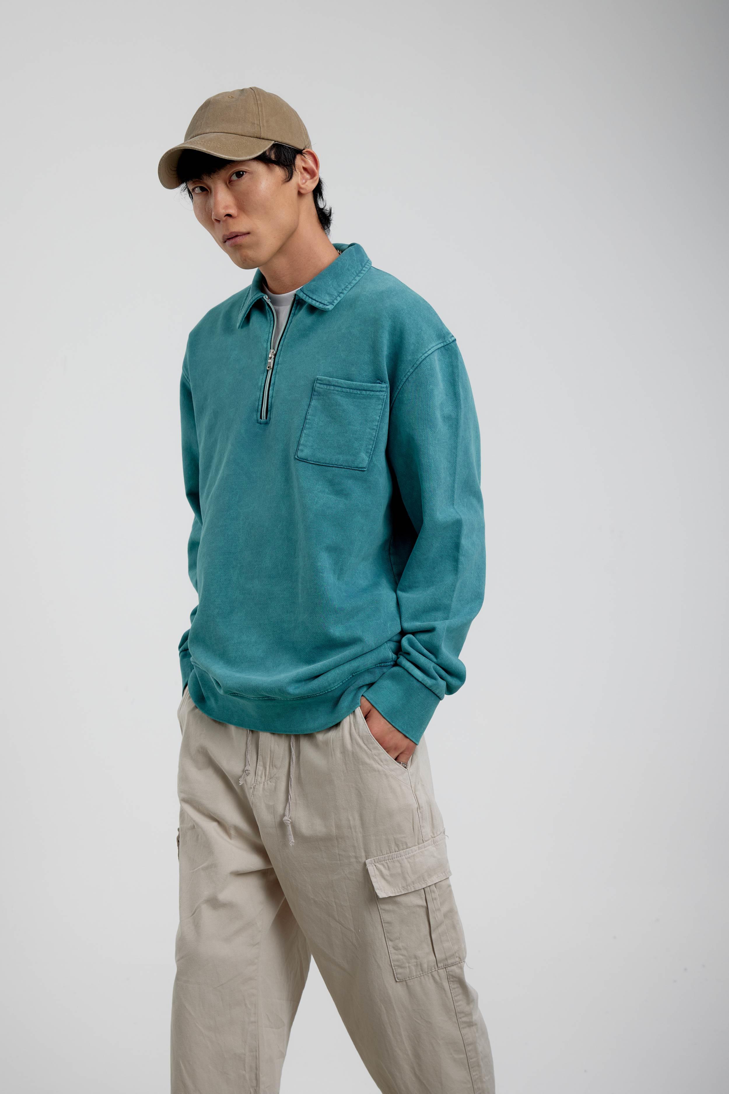 Yeşil Tek Cepli Yarım Fermuarlı Yıkamalı Sweatshirt · 4
