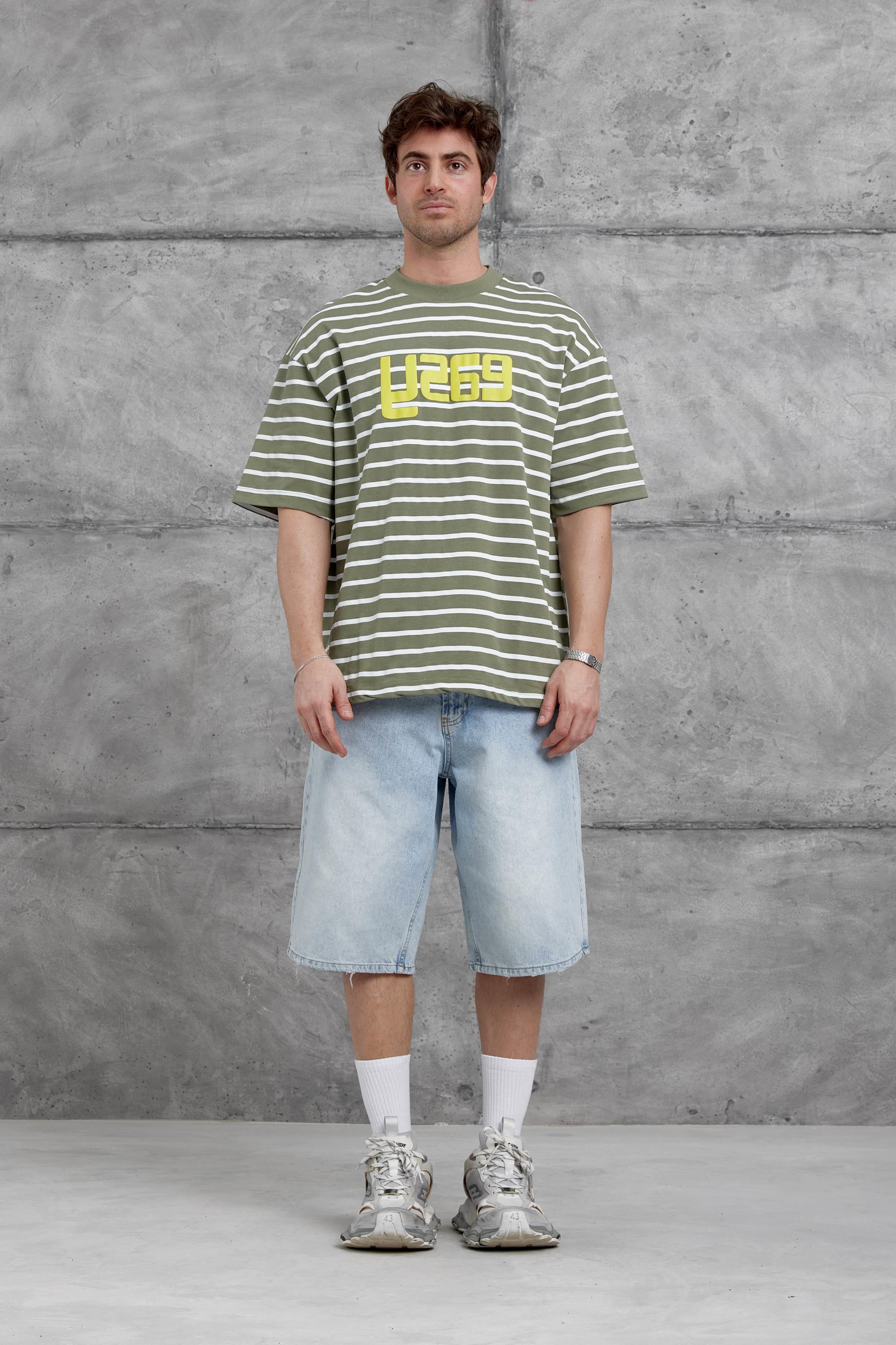 Yeşil Y269 Baskılı ve Çizgili Oversize Tshirt