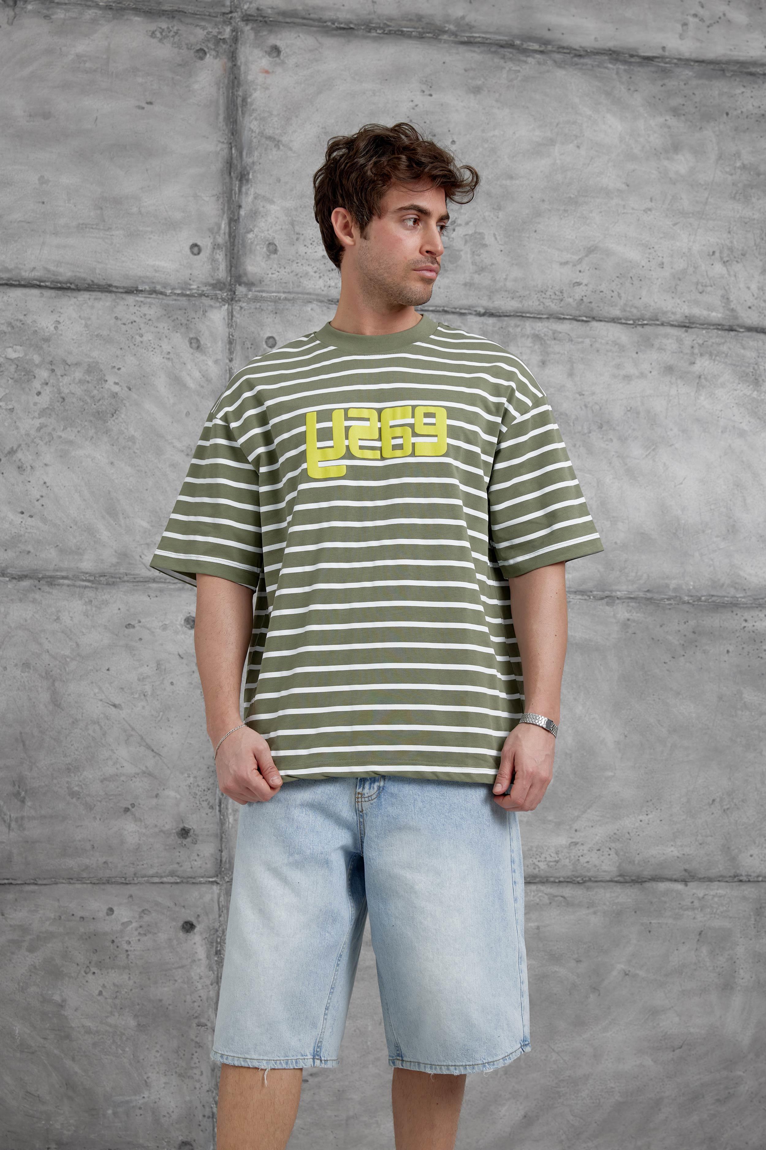Yeşil Y269 Baskılı ve Çizgili Oversize Tshirt · 2