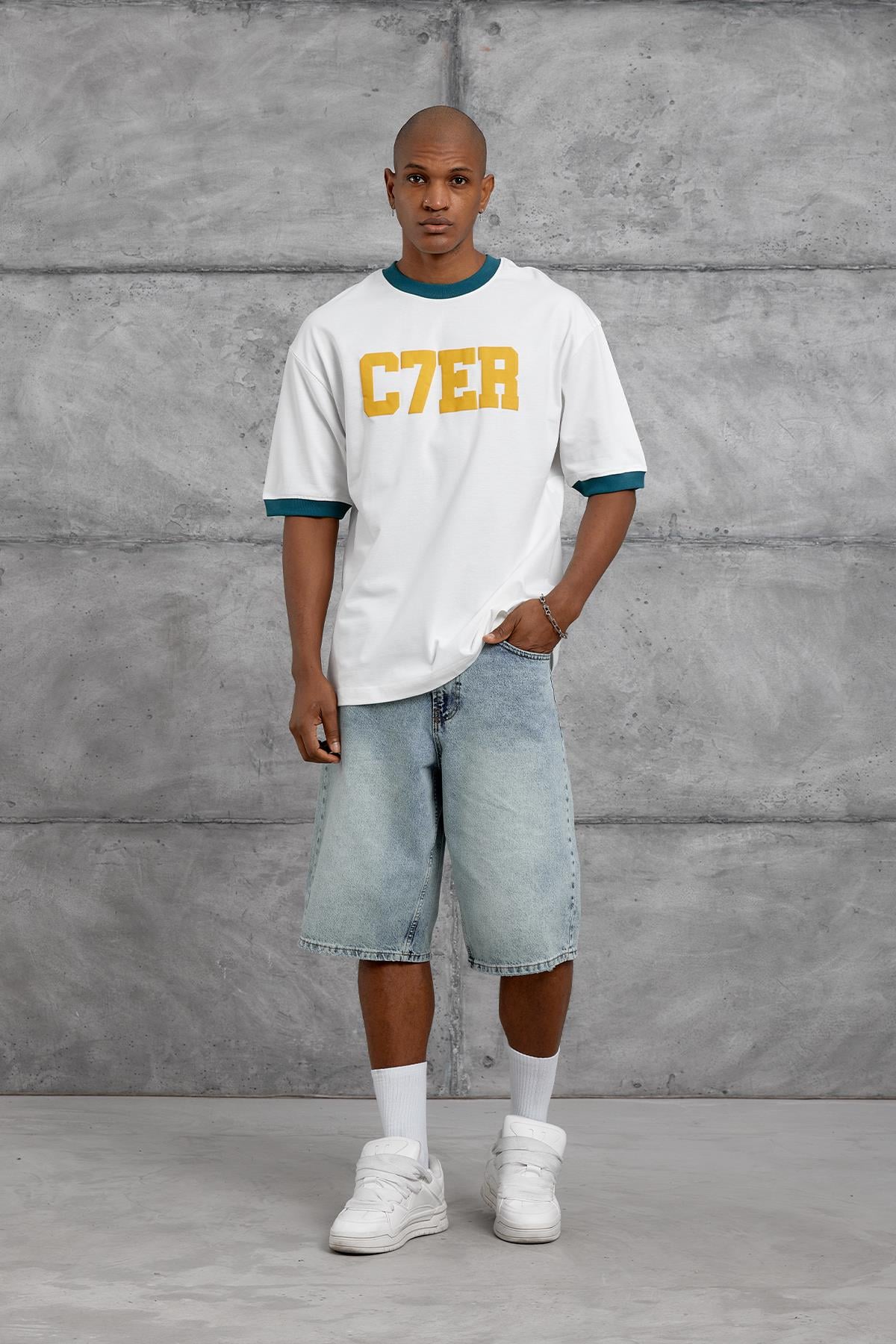 Yeşil YAKA C7ER BASKILI OVERSIZE TSHIRT